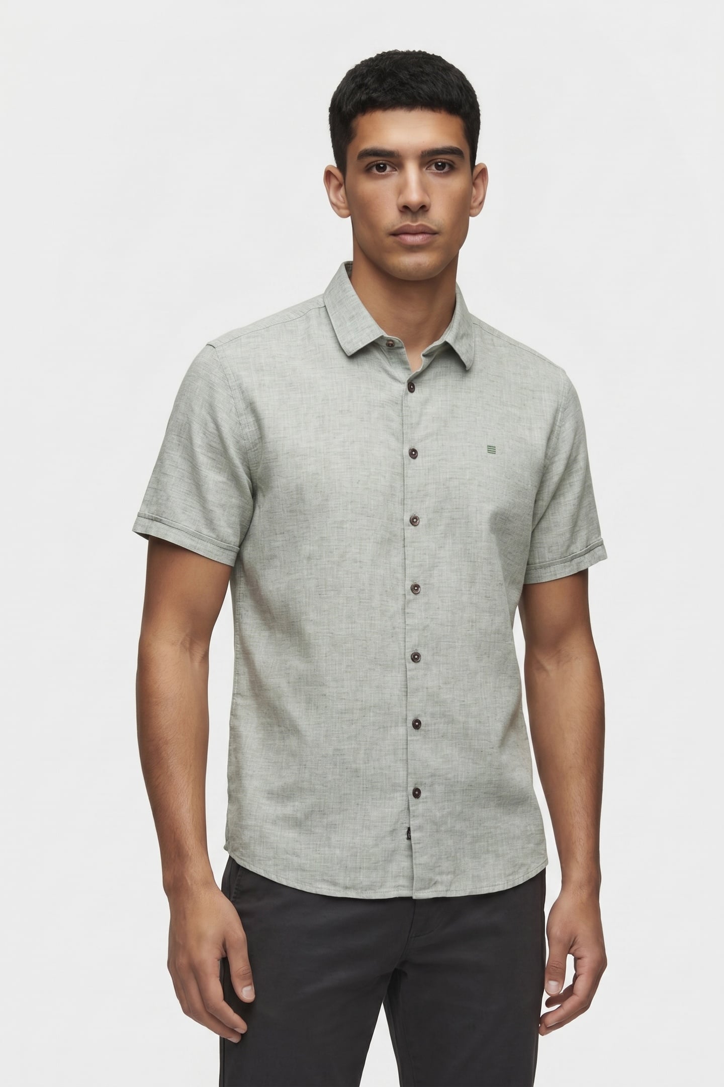 SHIRT SHORT SLEEVE 2 COLOURED MELANGE WITH LINEN GREEN 1