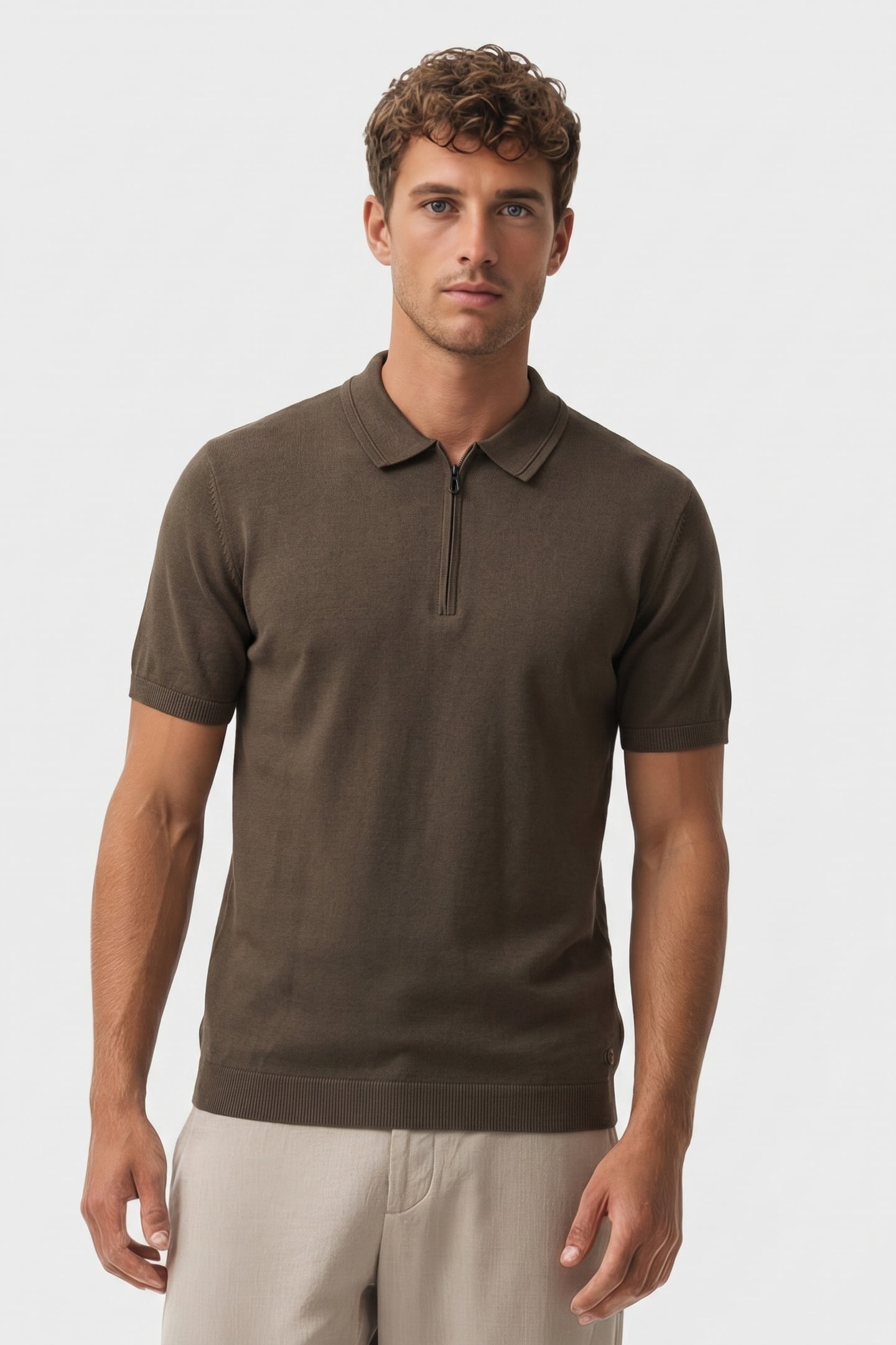 PULLOVER SHORT SLEEVE POLO ZIP SOLID DARK MOSS 1