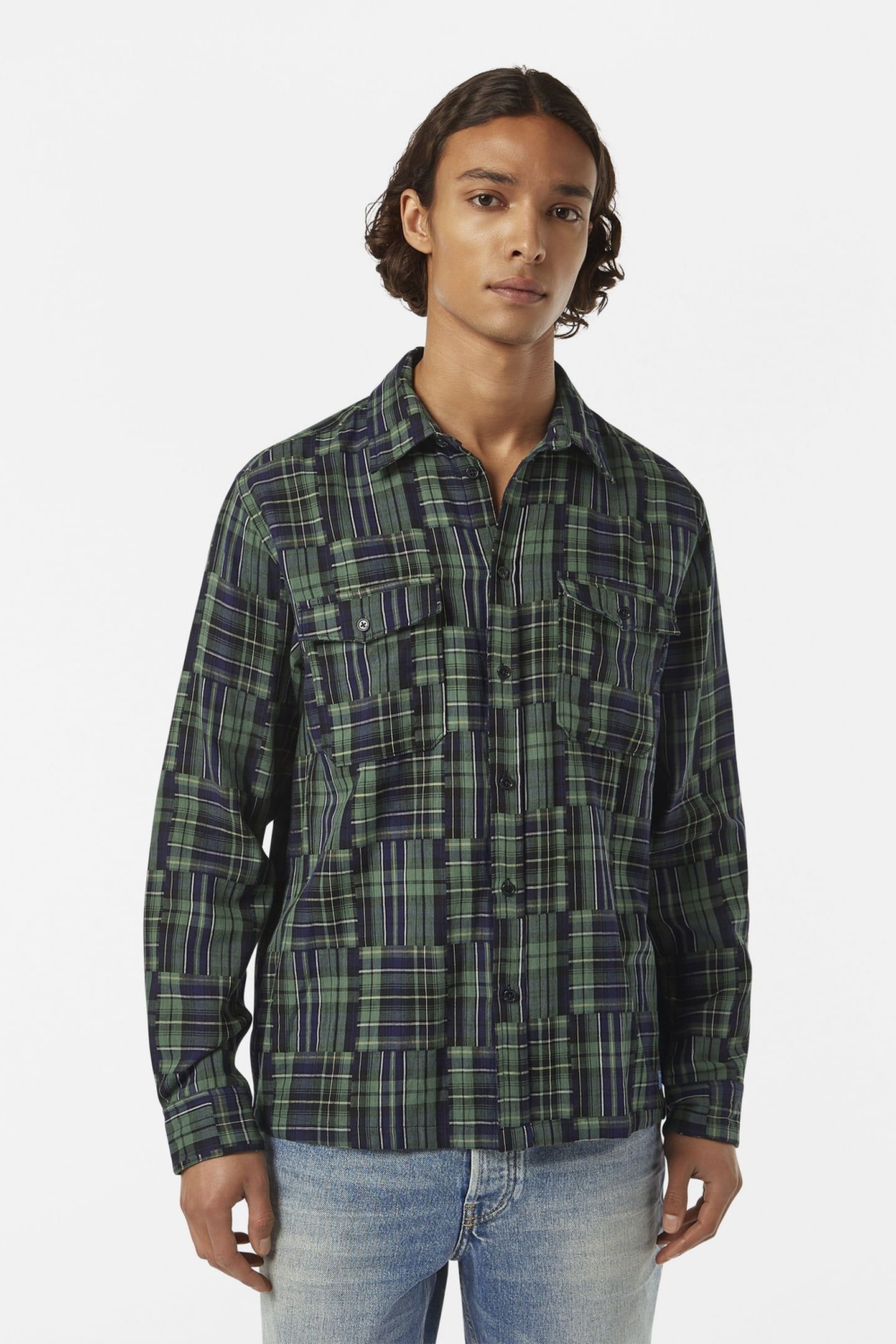 RELAXED FIT PATCHWORK SHIRT NAVY CHECK 2