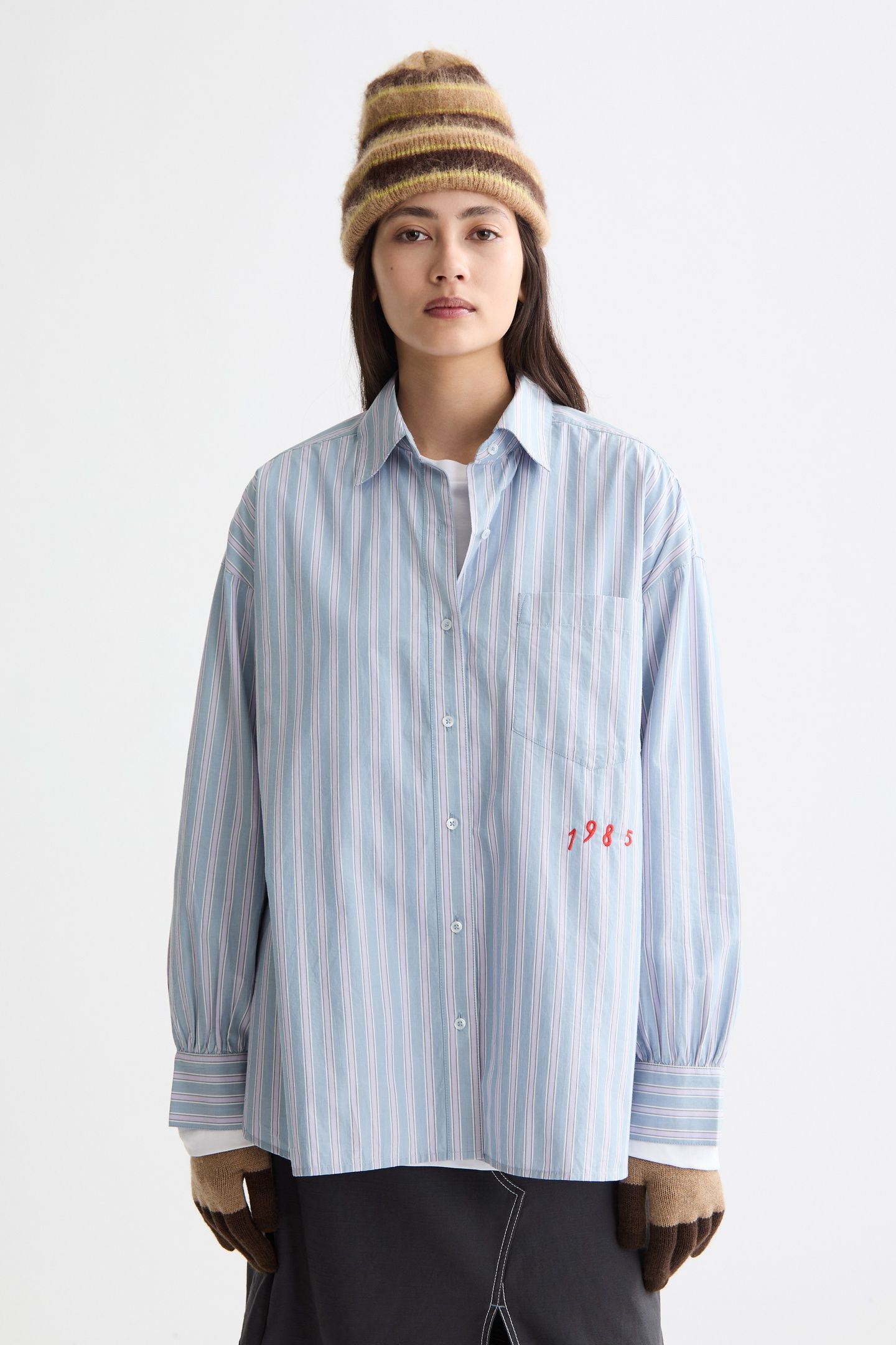 EMBROIDERED GIRLFRIEND SHIRT FADED DENIM LAVENDER STRIPE 1