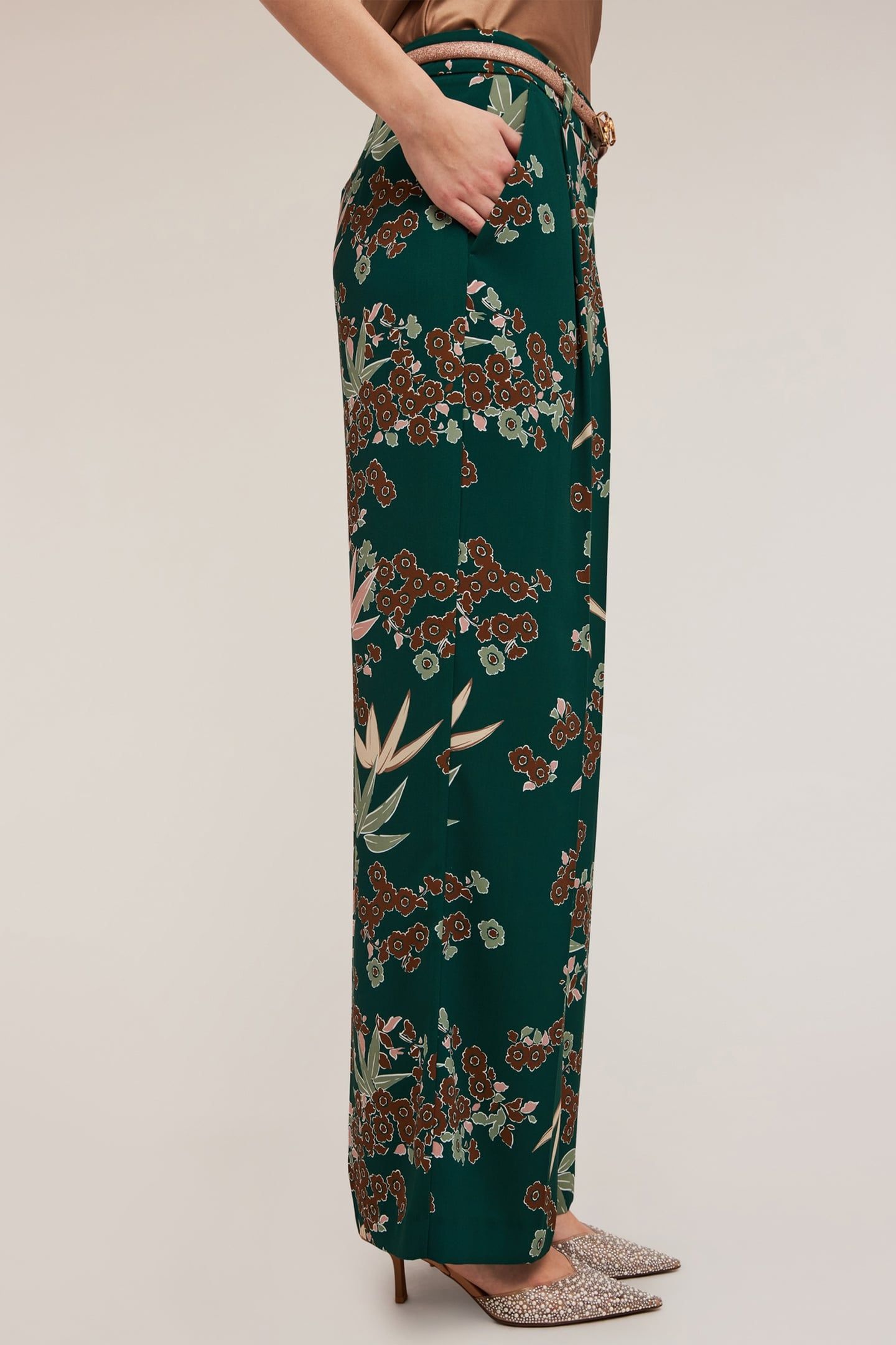 DECÒ PATTERNED PALAZZO TROUSERS WITH PLEATS GREEN 3
