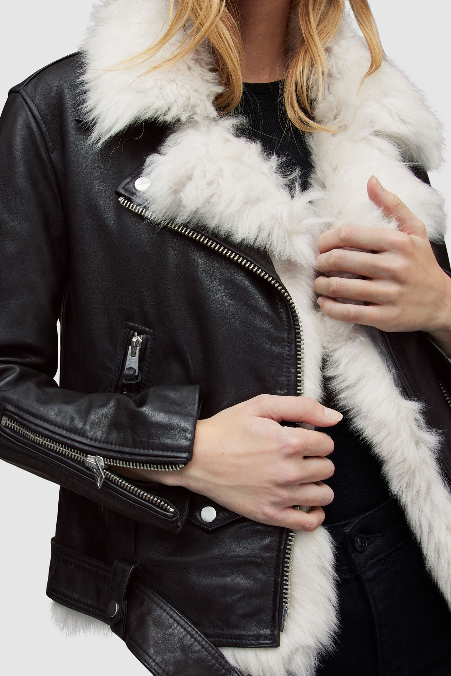 LUNA SHEARLING BIKER BLACK/NATURAL 9