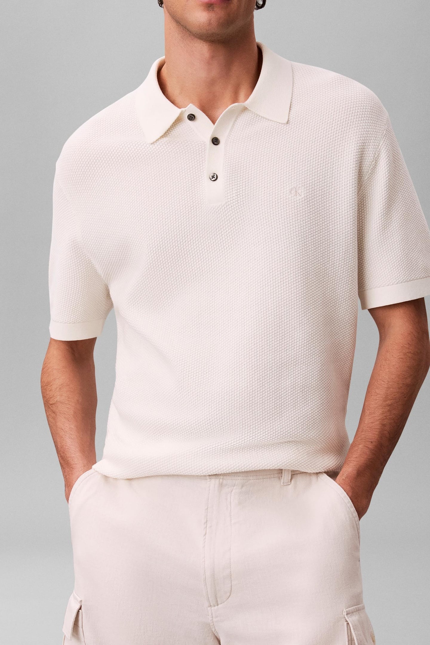 SS TEXTURED COTTON POLO SWEATER TOFU 1
