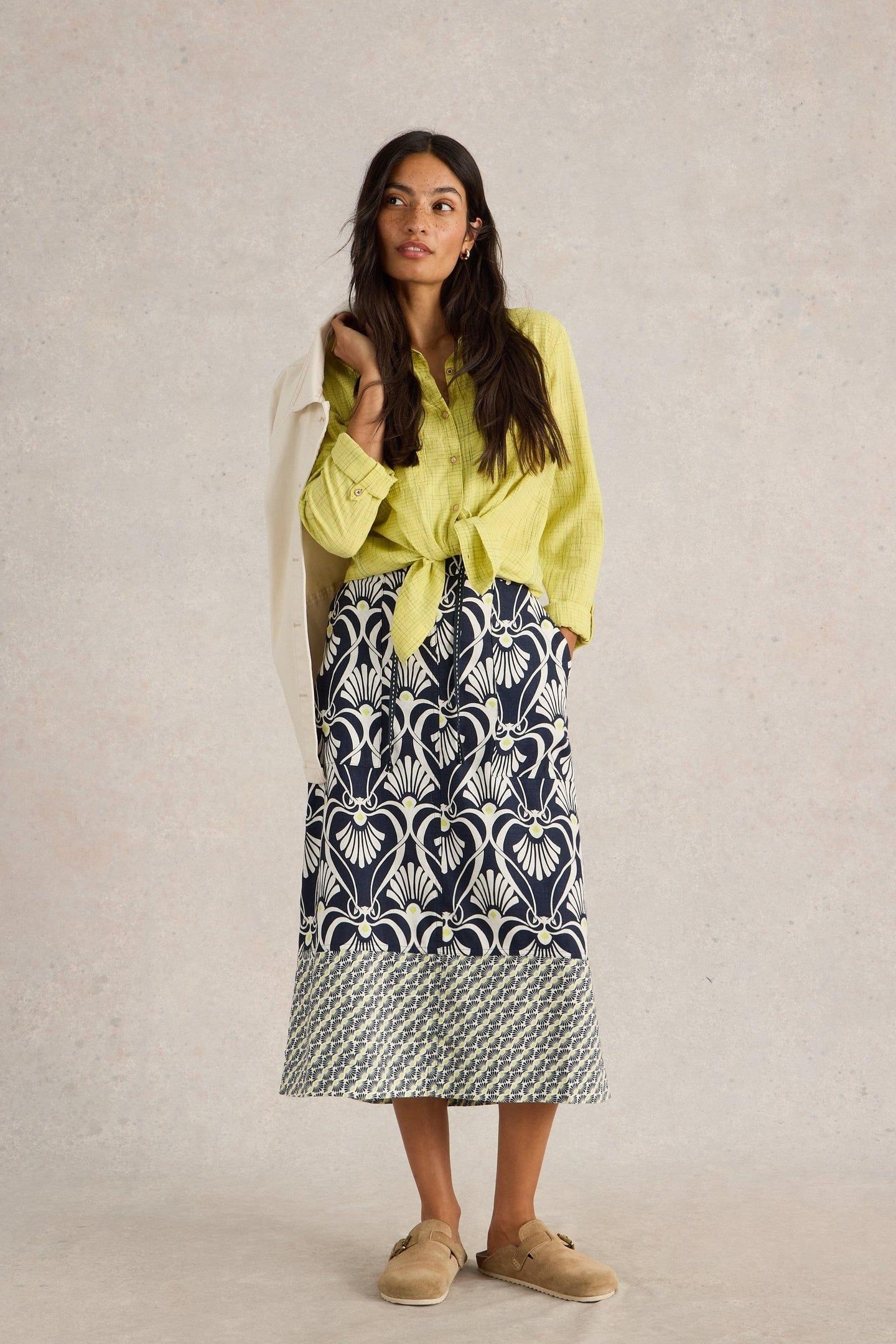 ELLE LINEN BLEND SKIRT NAVY PRINT 1