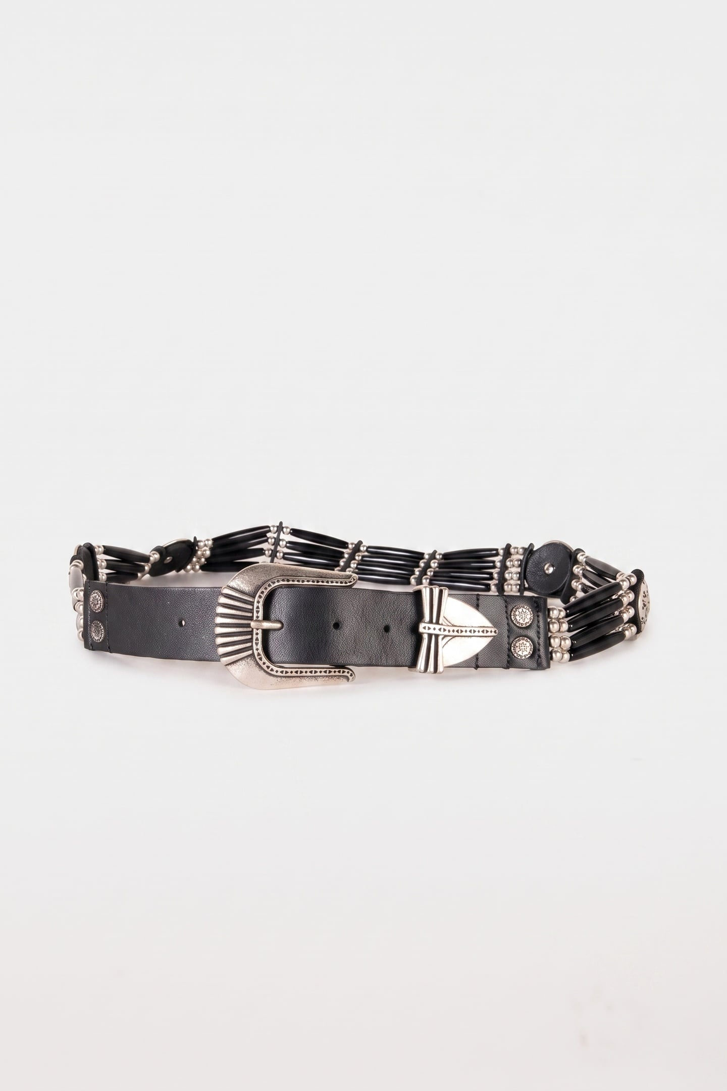 WIDE LEATHER BELT WITH BEADS AND METAL PIECES BLACK 2