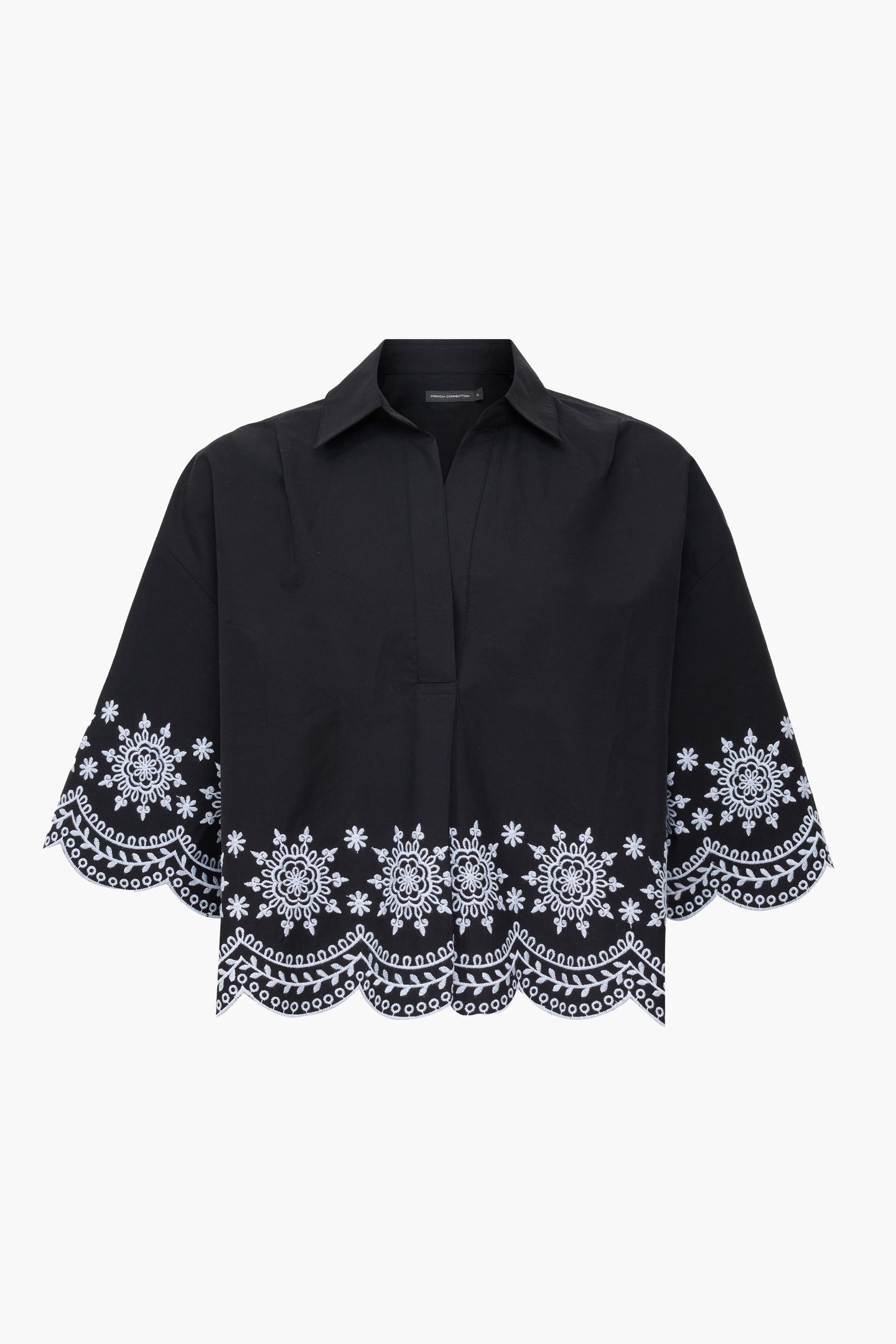 EMB HEM S/S COTTON POPOVER BLACK/WHITE 4