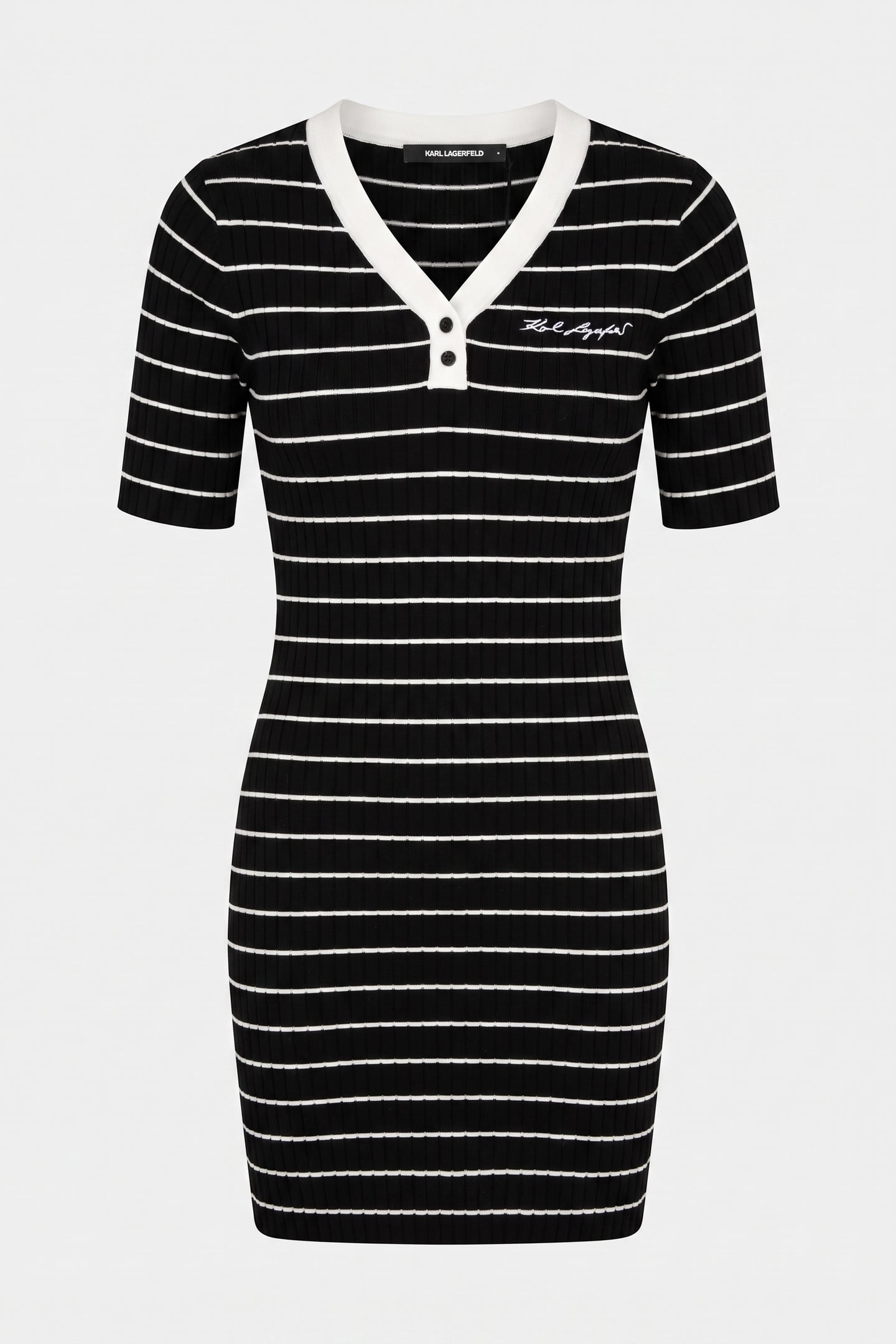 STRIPED V-NECK KNIT DRESS BLACK-WHITE STRIPES 3