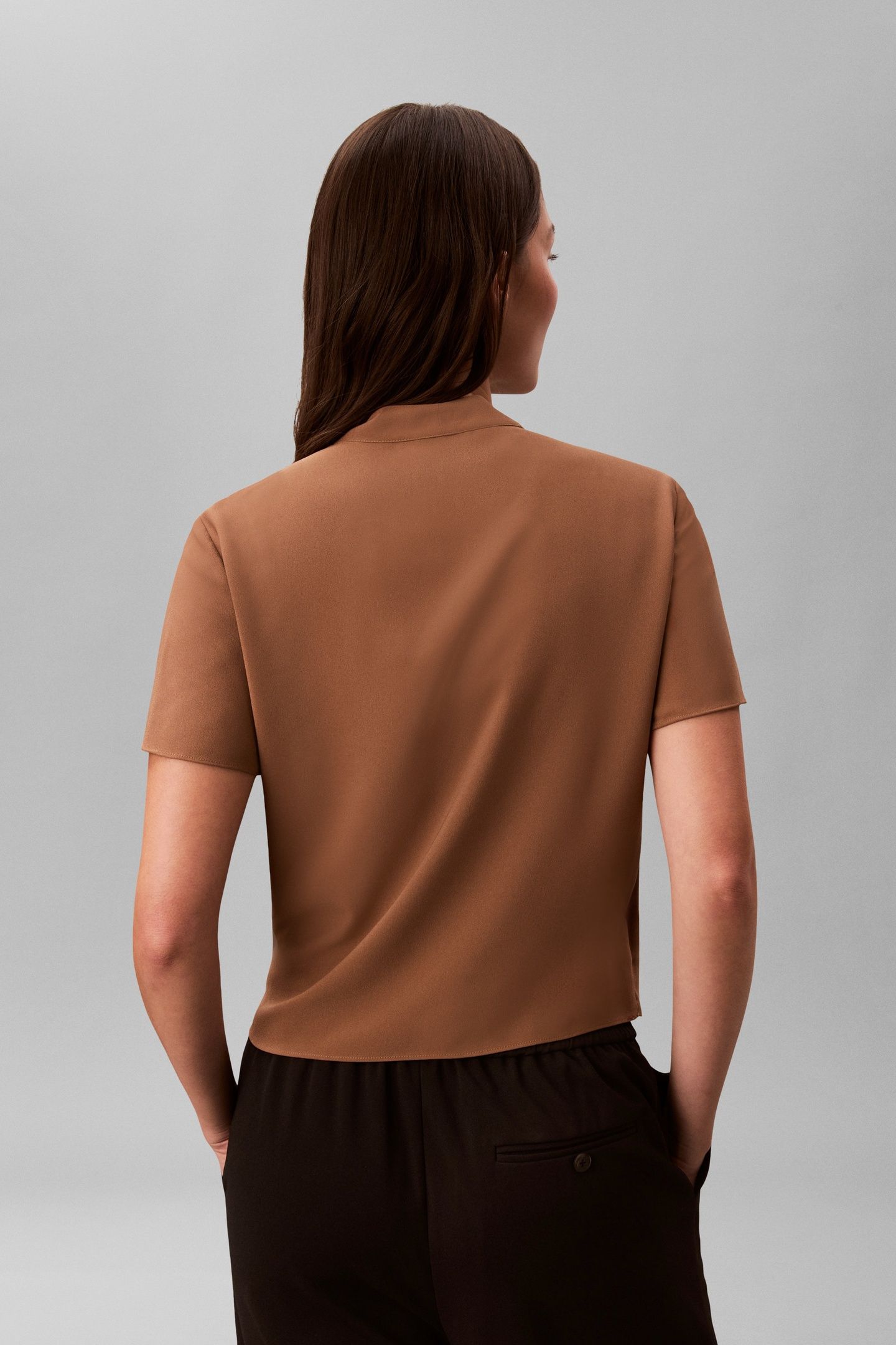 CREPE SHORT SLEEVE DRAPED WRAP TOP EXECUTIVE BROWN 3