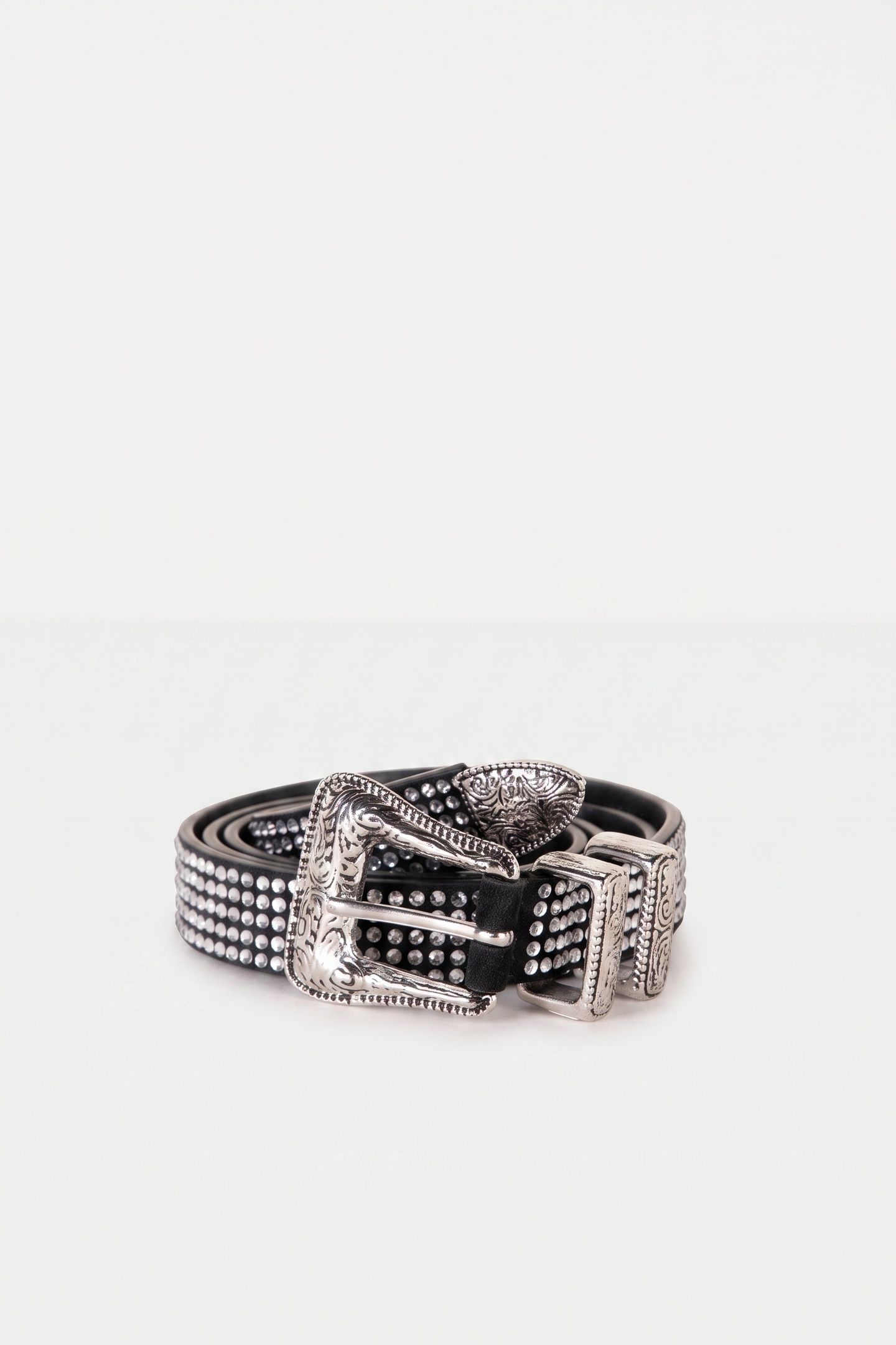 WESTERN LEATHER BELT WITH RHINESTONES ANTIC SILVER 2