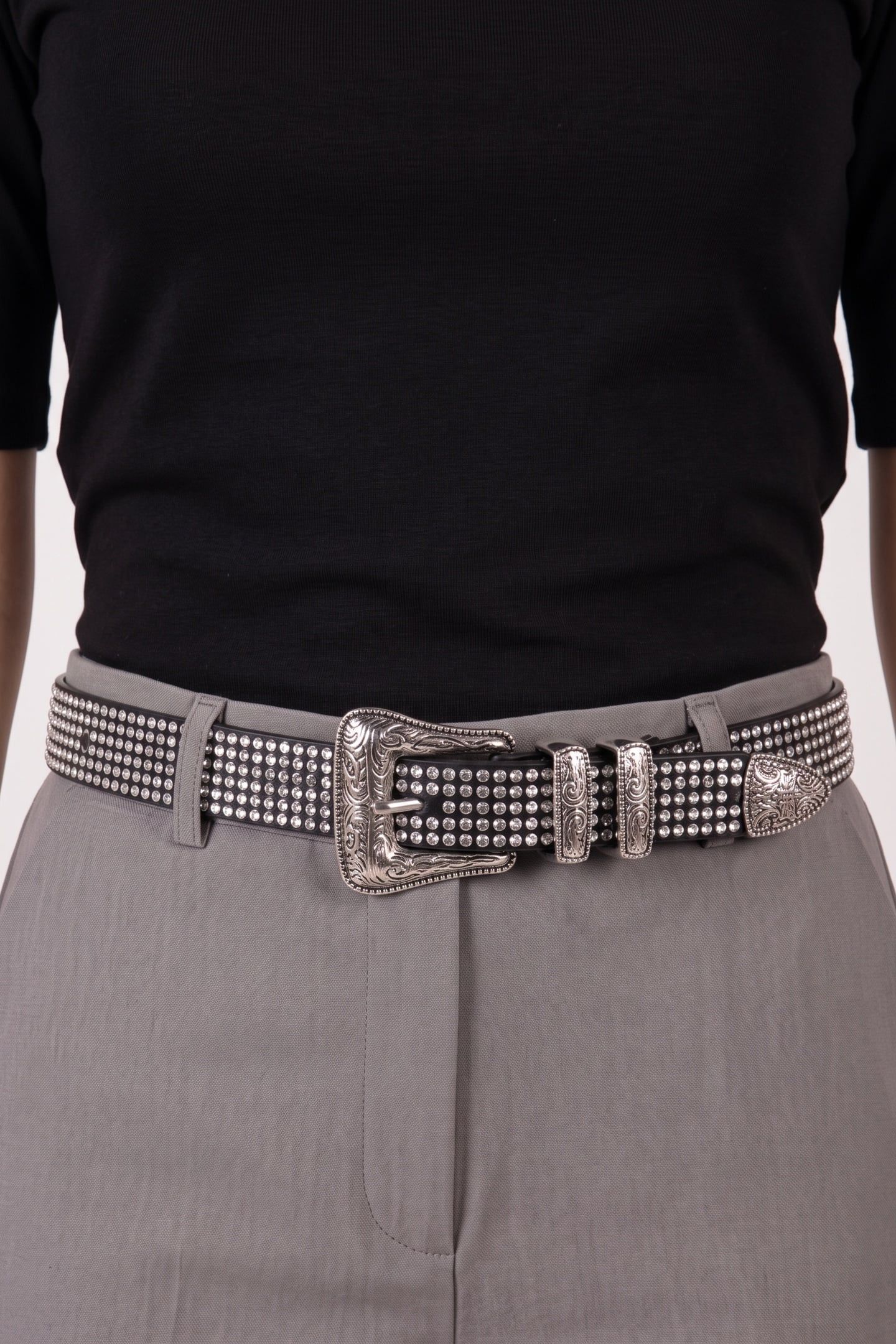 WESTERN LEATHER BELT WITH RHINESTONES ANTIC SILVER 3