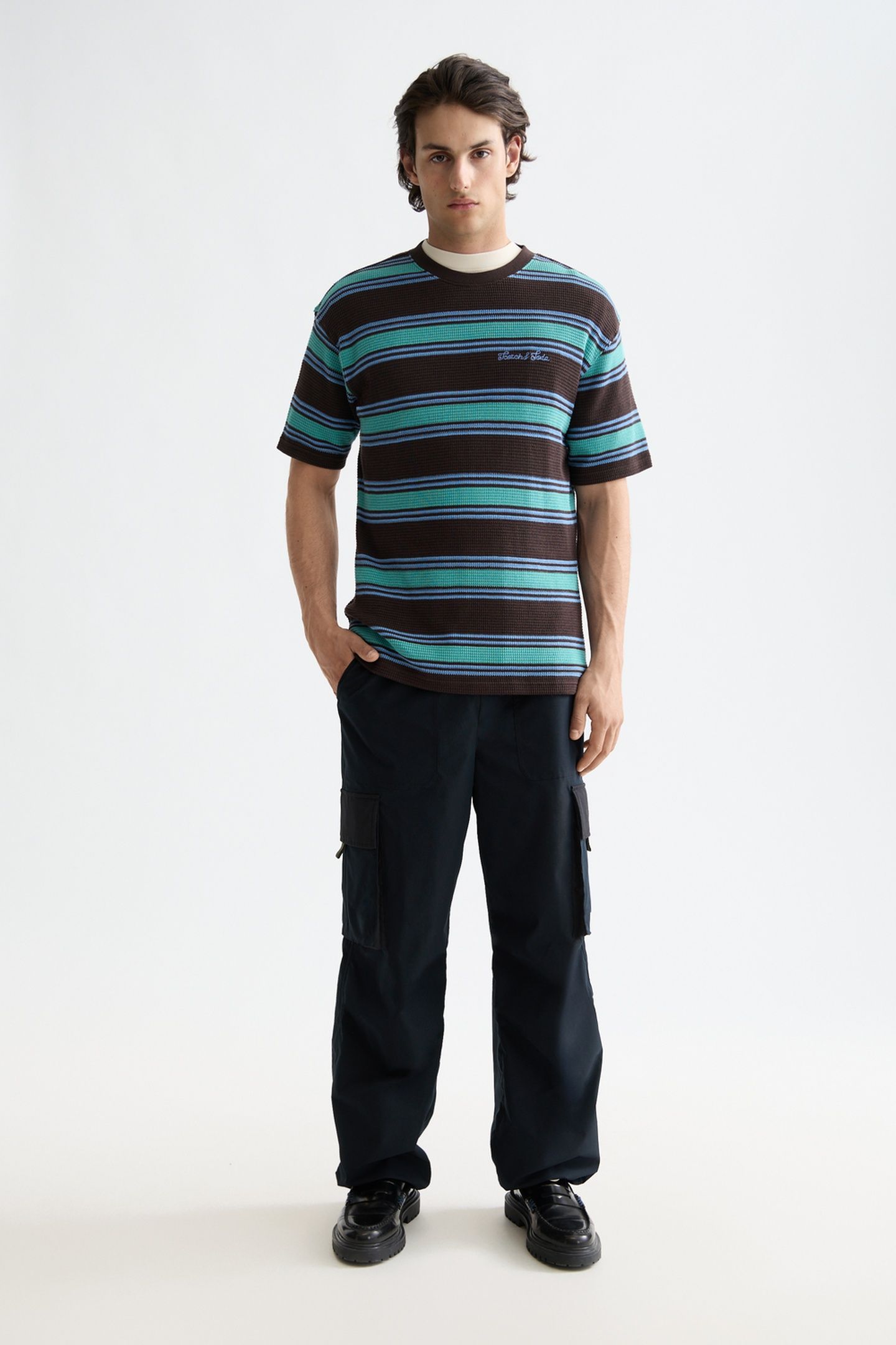 RELAXED FIT CHUNKY WAFFLE STRIPE T-SHIRT DARK BROWN MULTI ST 1