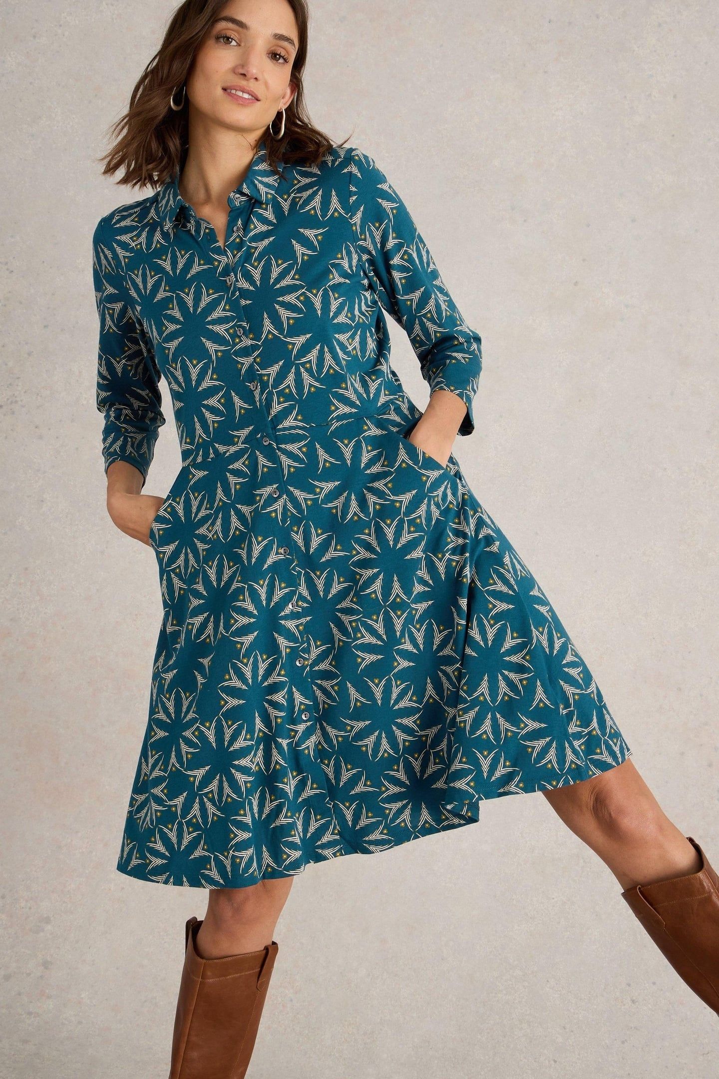 RIA JERSEY SHIRT DRESS TEAL PRINT 2