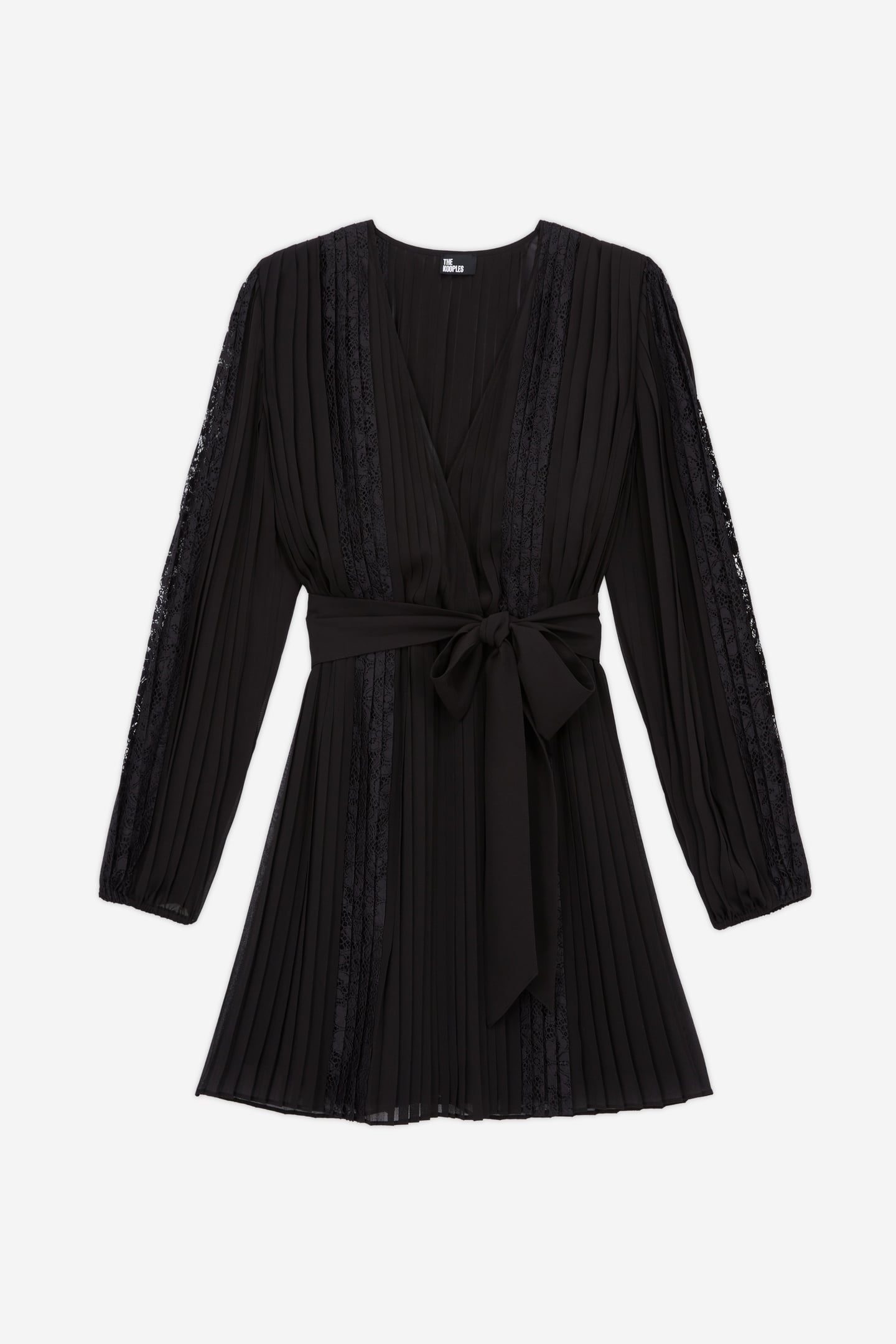 SHORT DRESS WITH LONG SLEEVES, V-NECK, AND LACE INLAY BLACK 4
