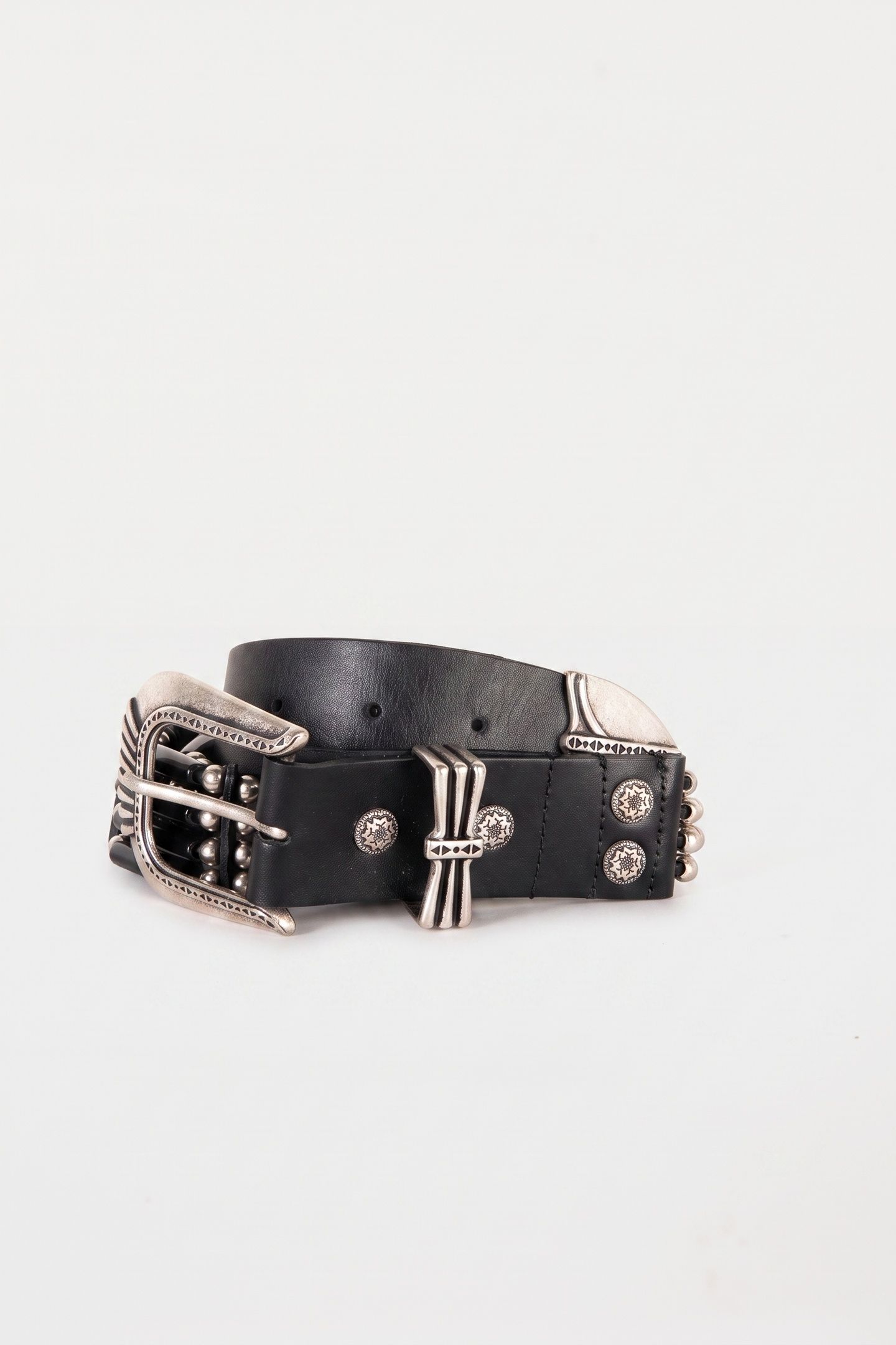 WIDE LEATHER BELT WITH BEADS AND METAL PIECES BLACK 3