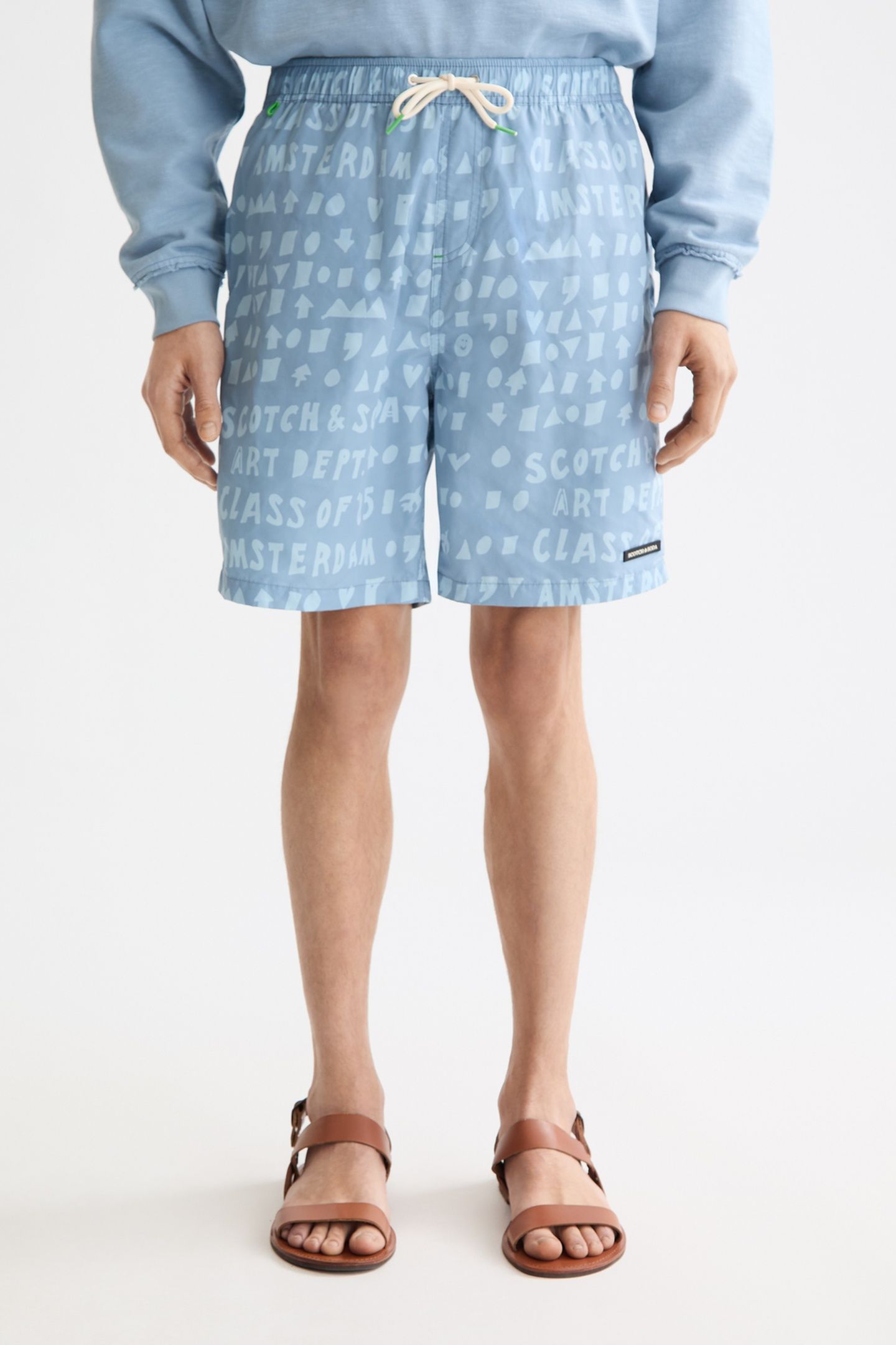 PRINTED LONGER-LENGTH SWIM SHORTS ART DEPT FADED DENIM 1