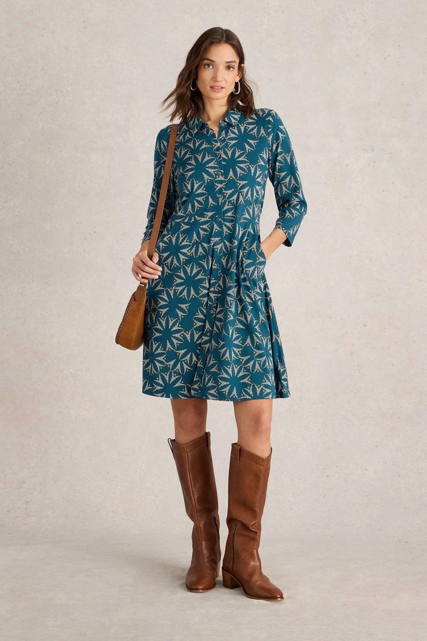 RIA JERSEY SHIRT DRESS TEAL PRINT 1