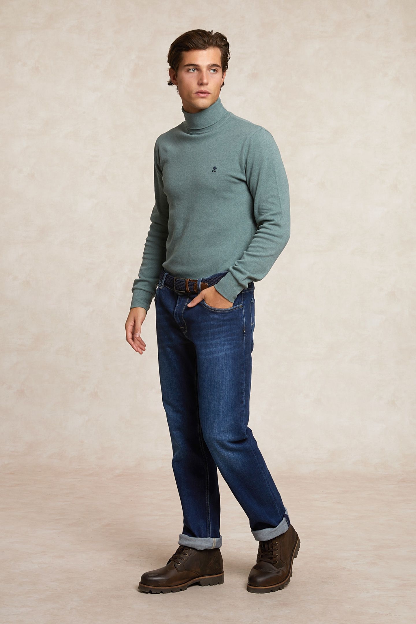 BASIC COTTON ROLL NECK T-SHIRT LONG SLEEVES JADE GREEN MIX 1