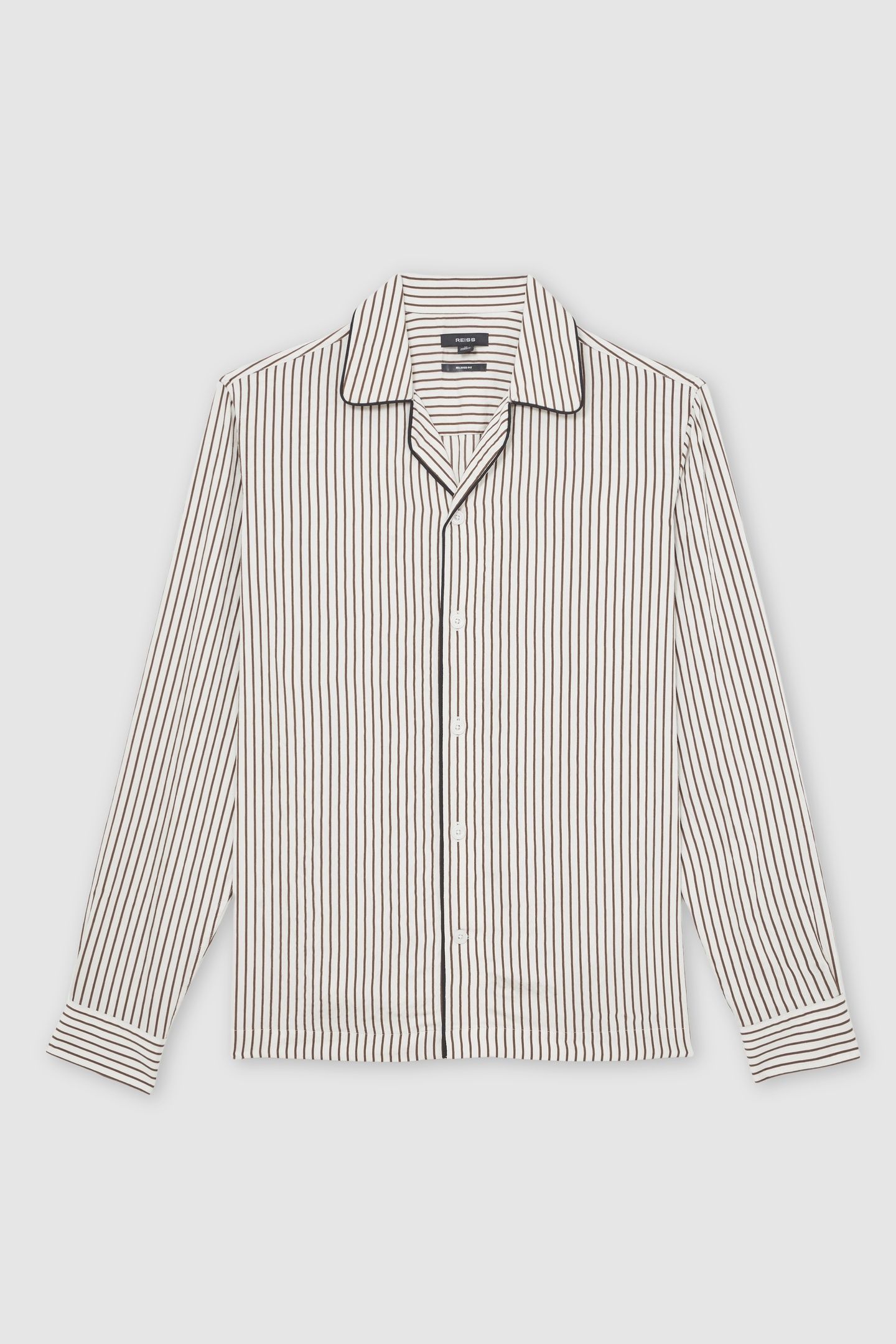 LS PINSTRIPE PIPED CUBAN SHIRT WHITE/BROWN 4