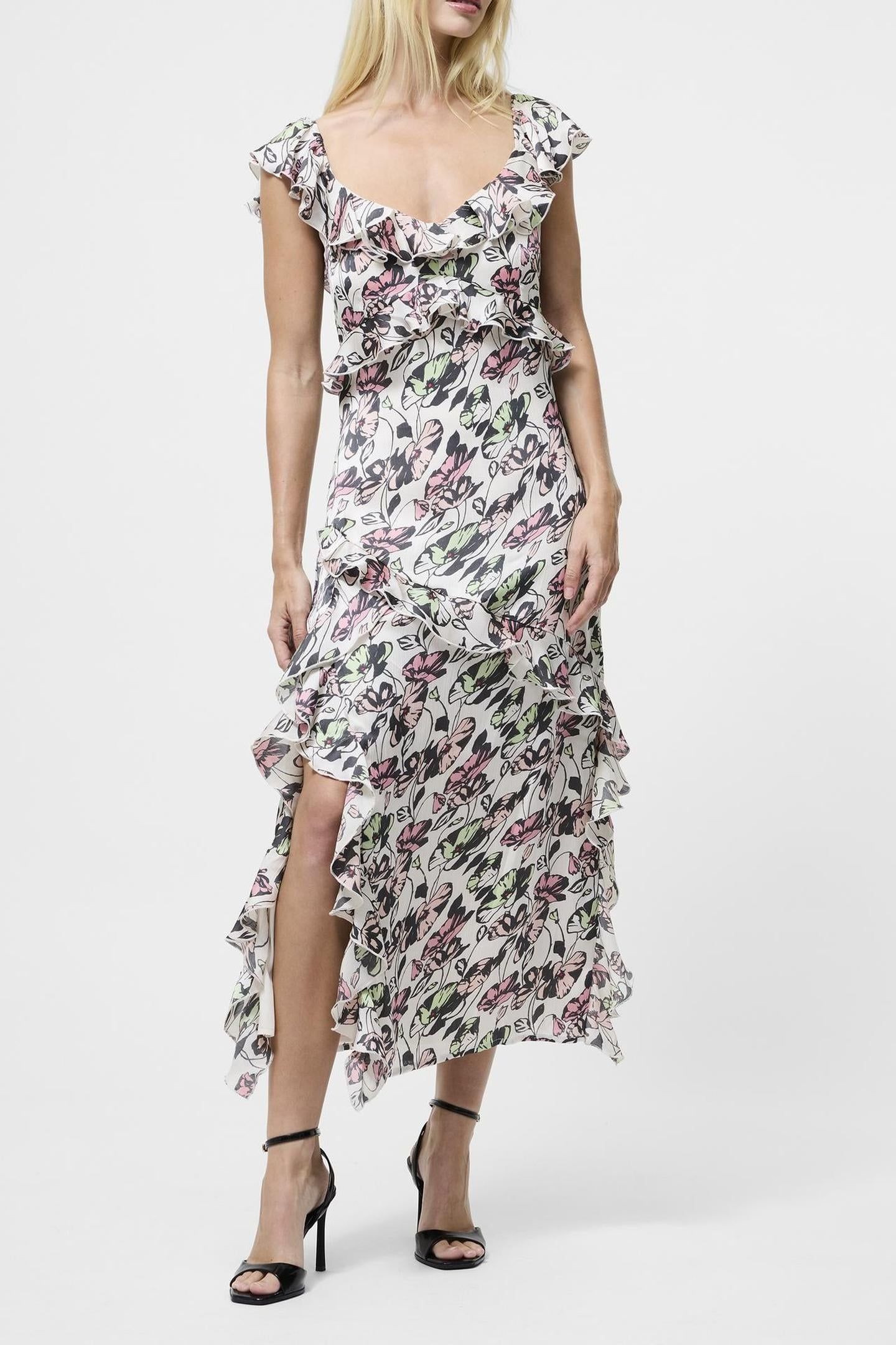 ELLIE KELSY RUFFLED SLIT DRESS CREAM MULTI 1