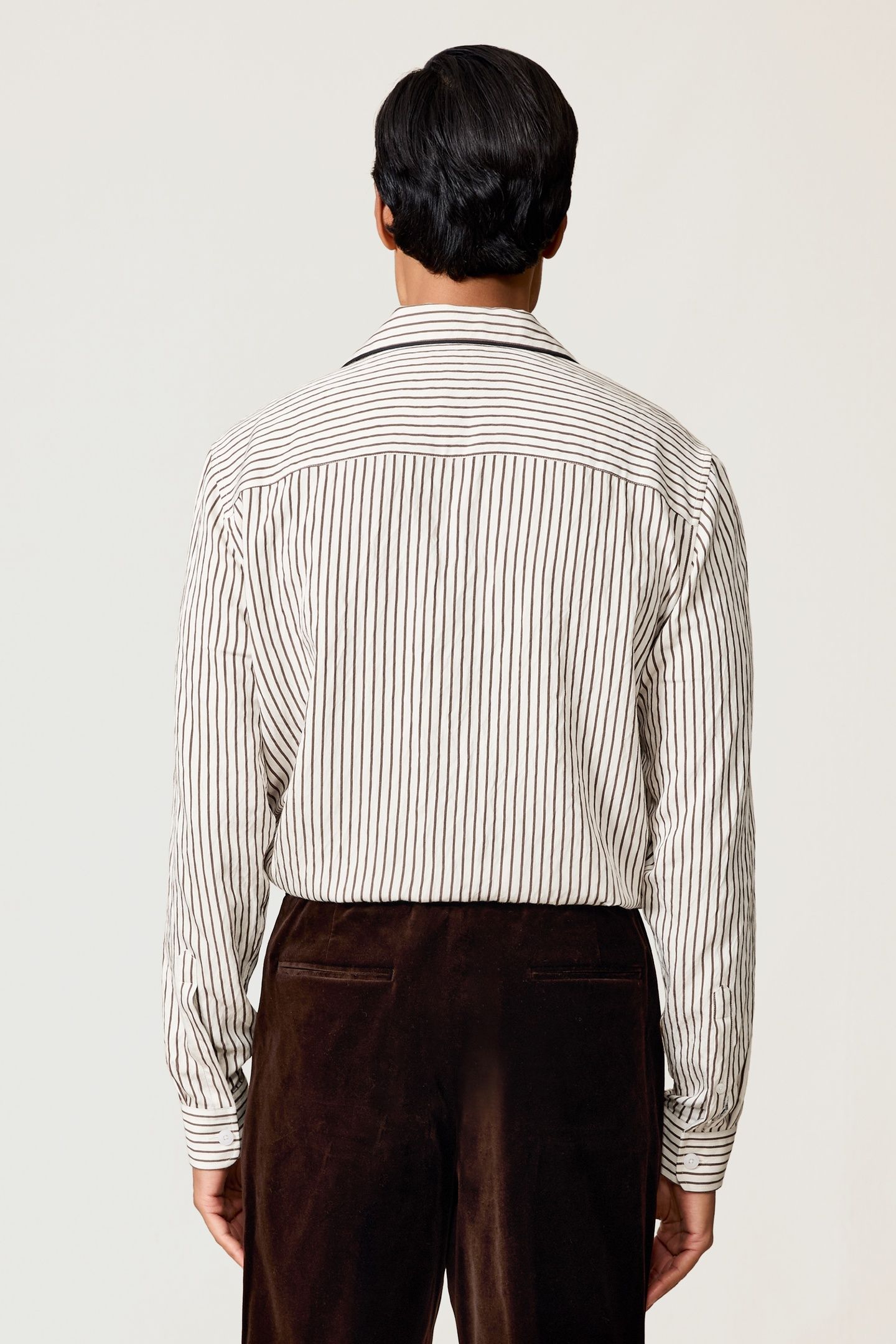 LS PINSTRIPE PIPED CUBAN SHIRT WHITE/BROWN 2