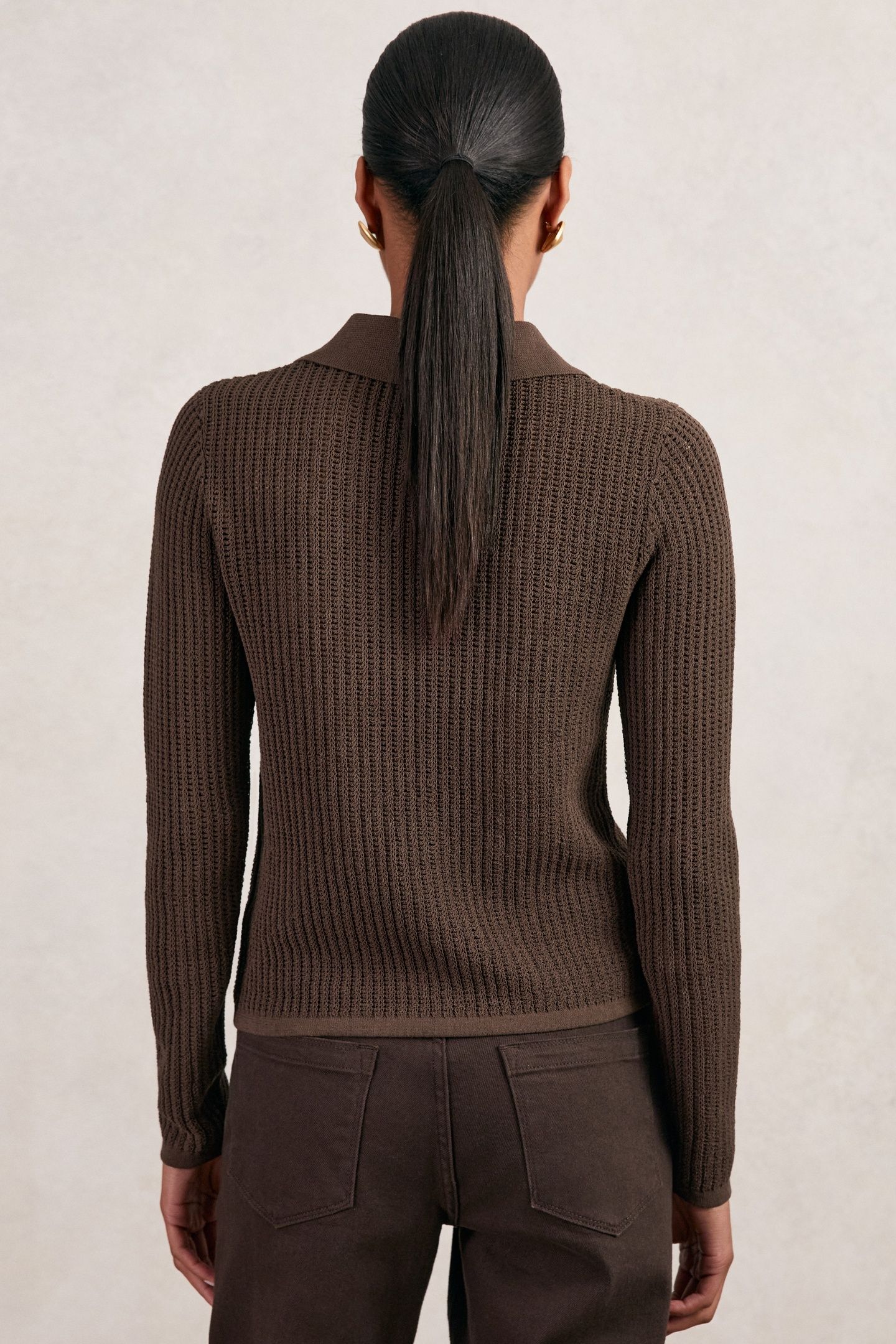 LONG SLEEVE STITCH POLO CHOCOLATE BROWN 2