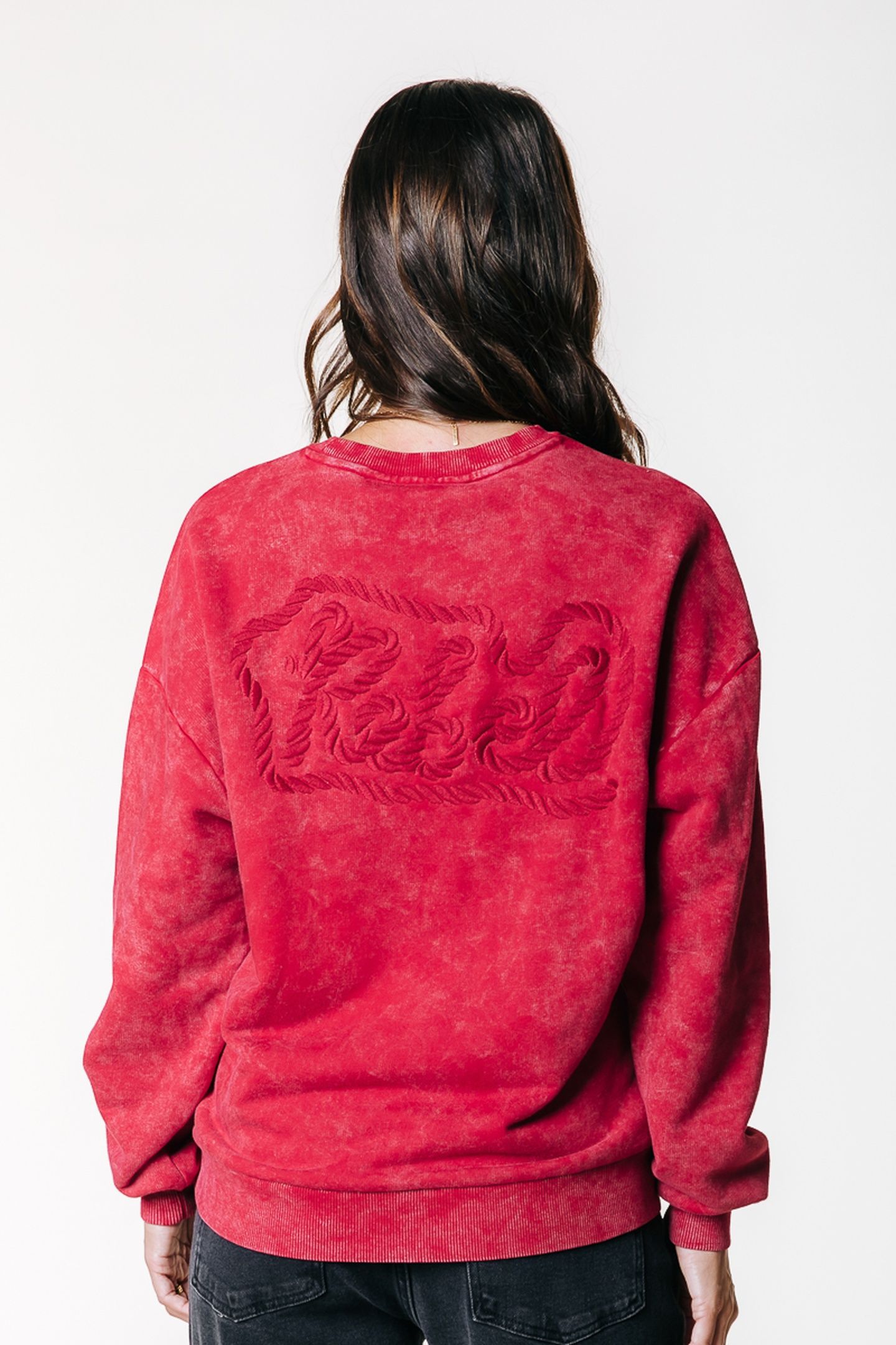 REBEL BRAID ACID WASH DROPPED SHOULDER SWEAT MEDIUM RED 3