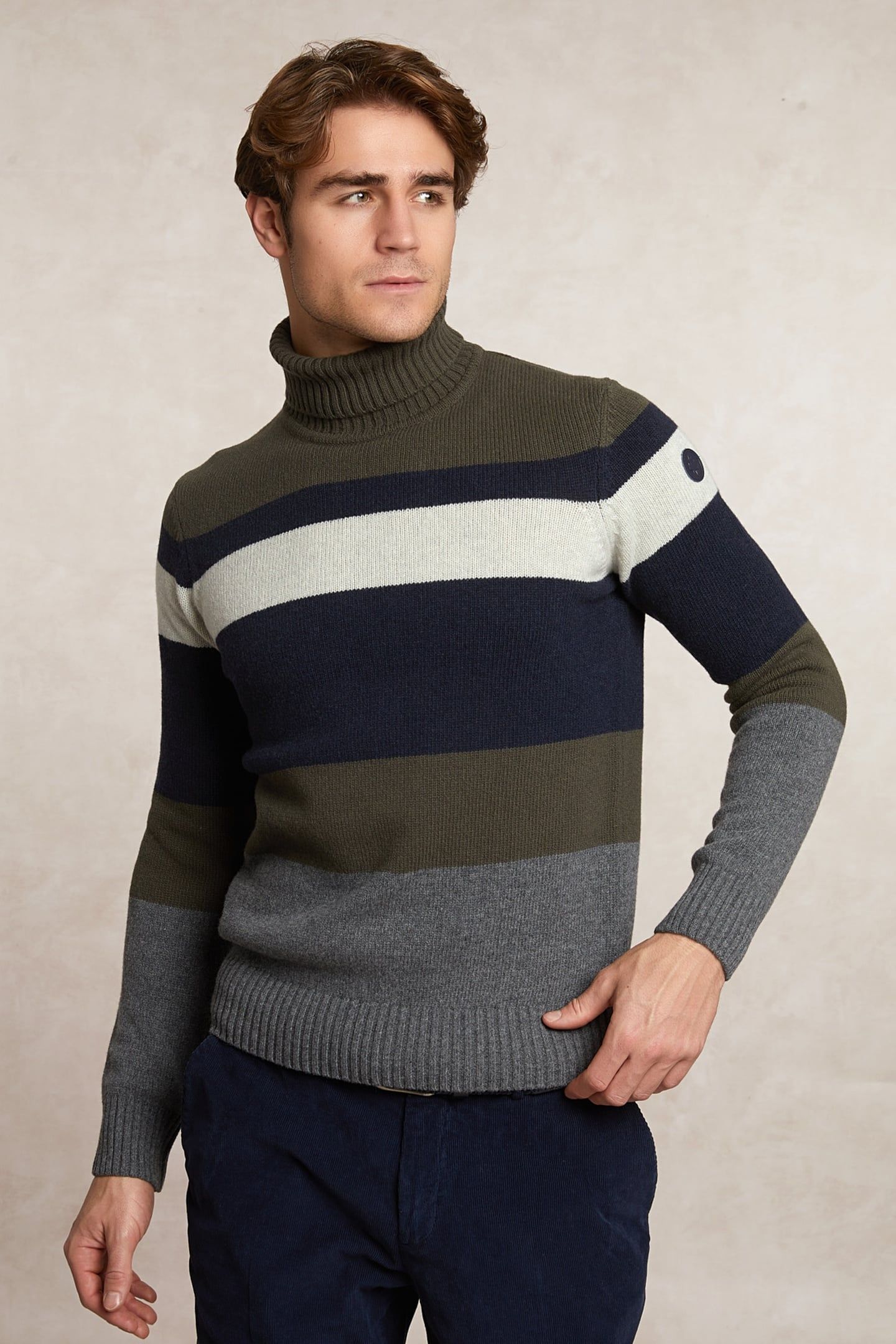 SLIM FIT FANCY STRIPED VIRGIN WOOL ROLL NECK SWEATER OLIVE M 3