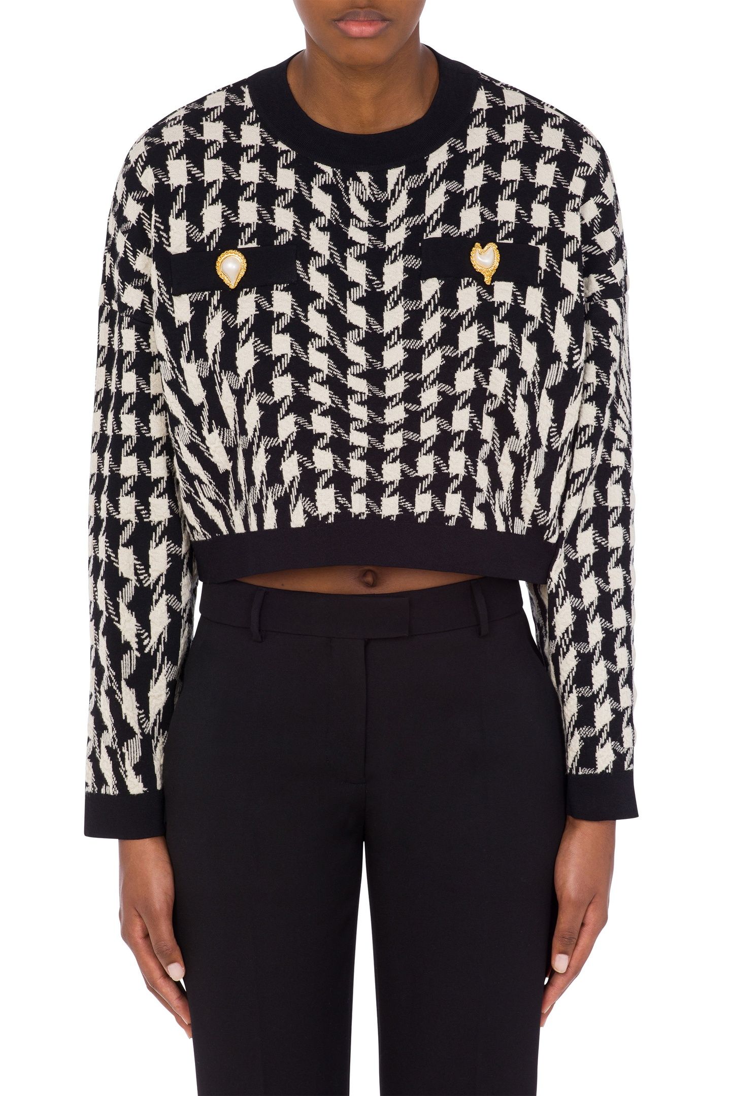 CROPPED PULLOVER IN MORPHED HOUNDSTOOTH STRETCH KNIT WHITE 1