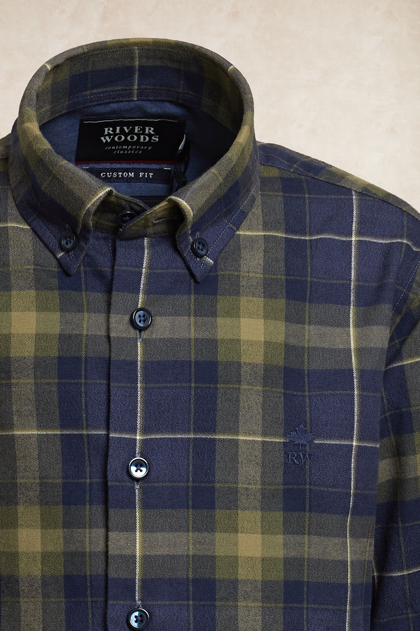 CUSTOM FIT FLANNEL CHECKED SHIRT KHAKI/BLUE 3