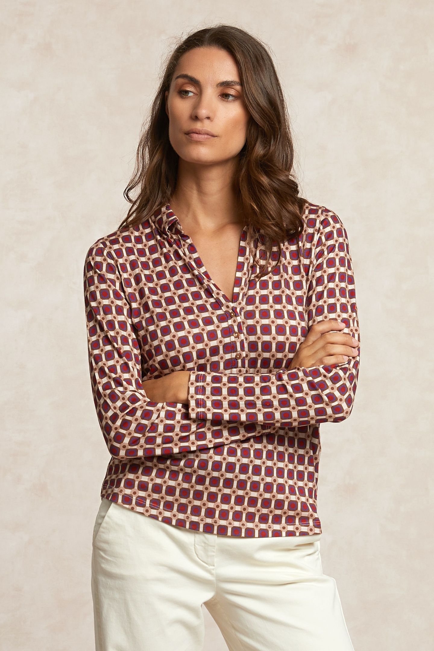 JERSEY FANTASY V-NECK BLOUSE RED/BROWN 3