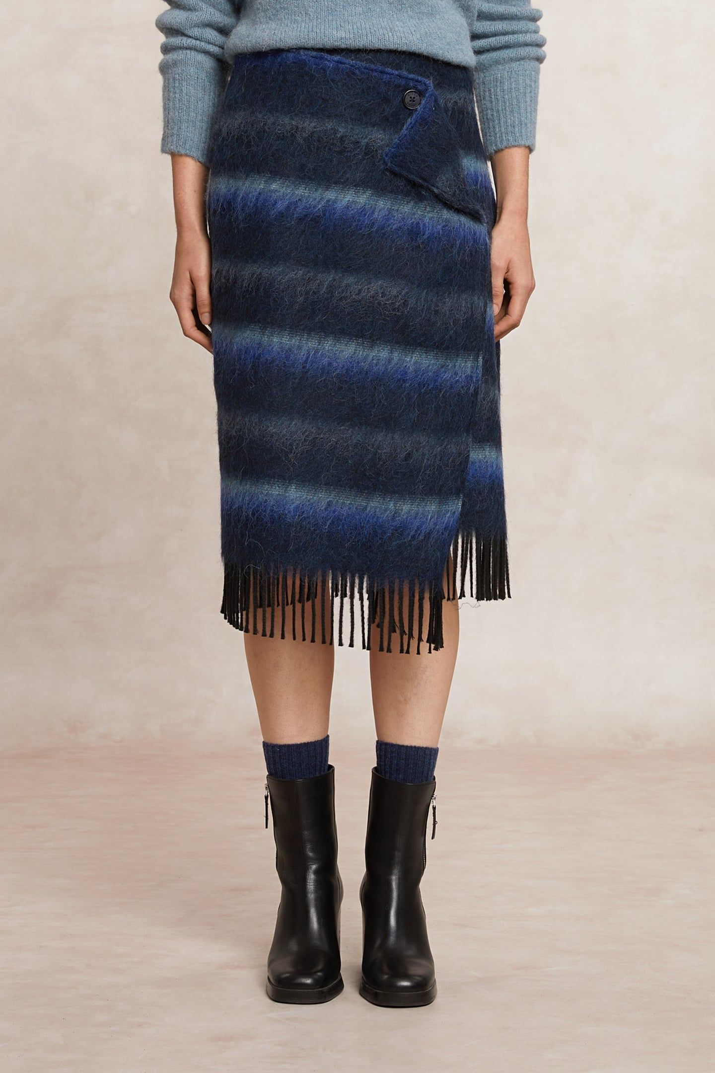 STRIPED WOOLEN RUFFLE PORTEFEUILLE SKIRT BLUE 3