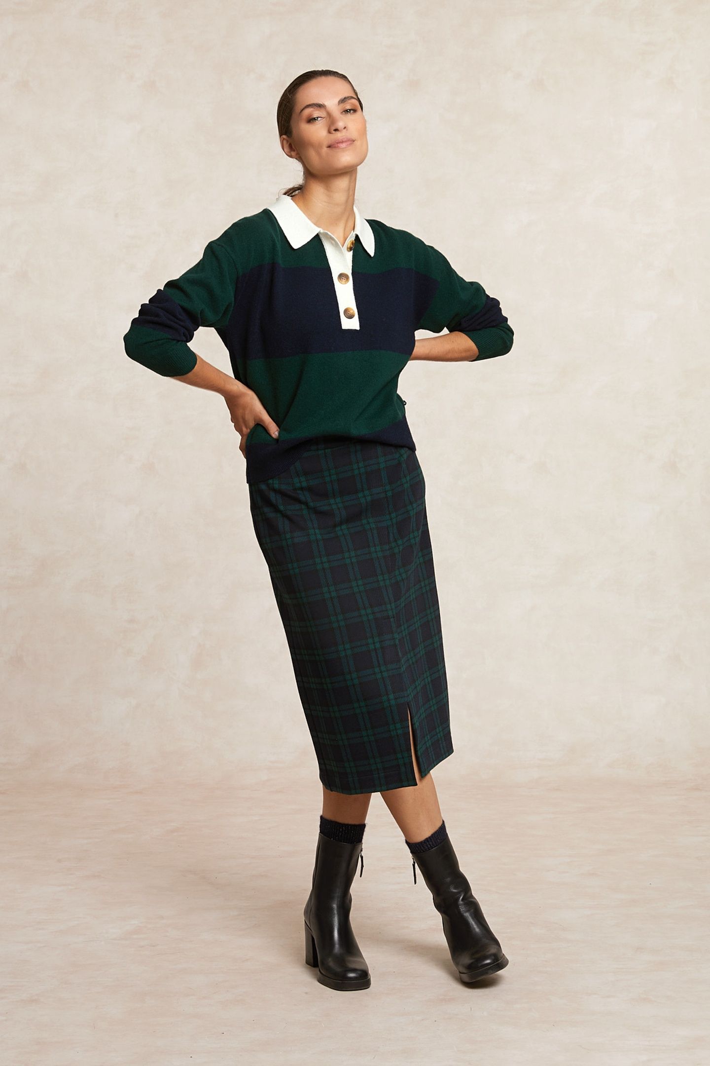 A-LINE CHECKED MIDI SKIRT FRONT SLIT KHAKI 1