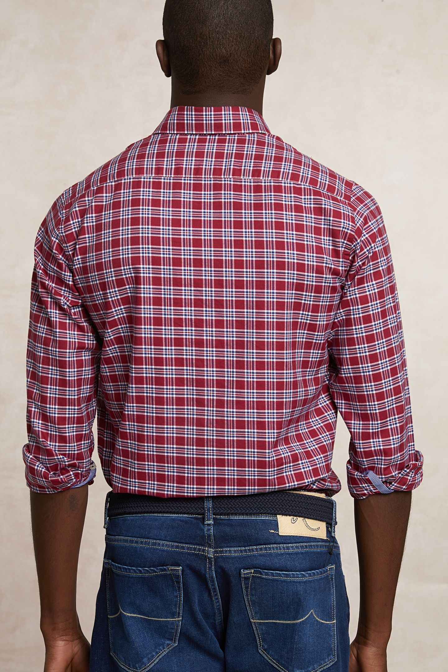 CUSTOM FIT COTTON CHECKED SHIRT RED/WHITE 2
