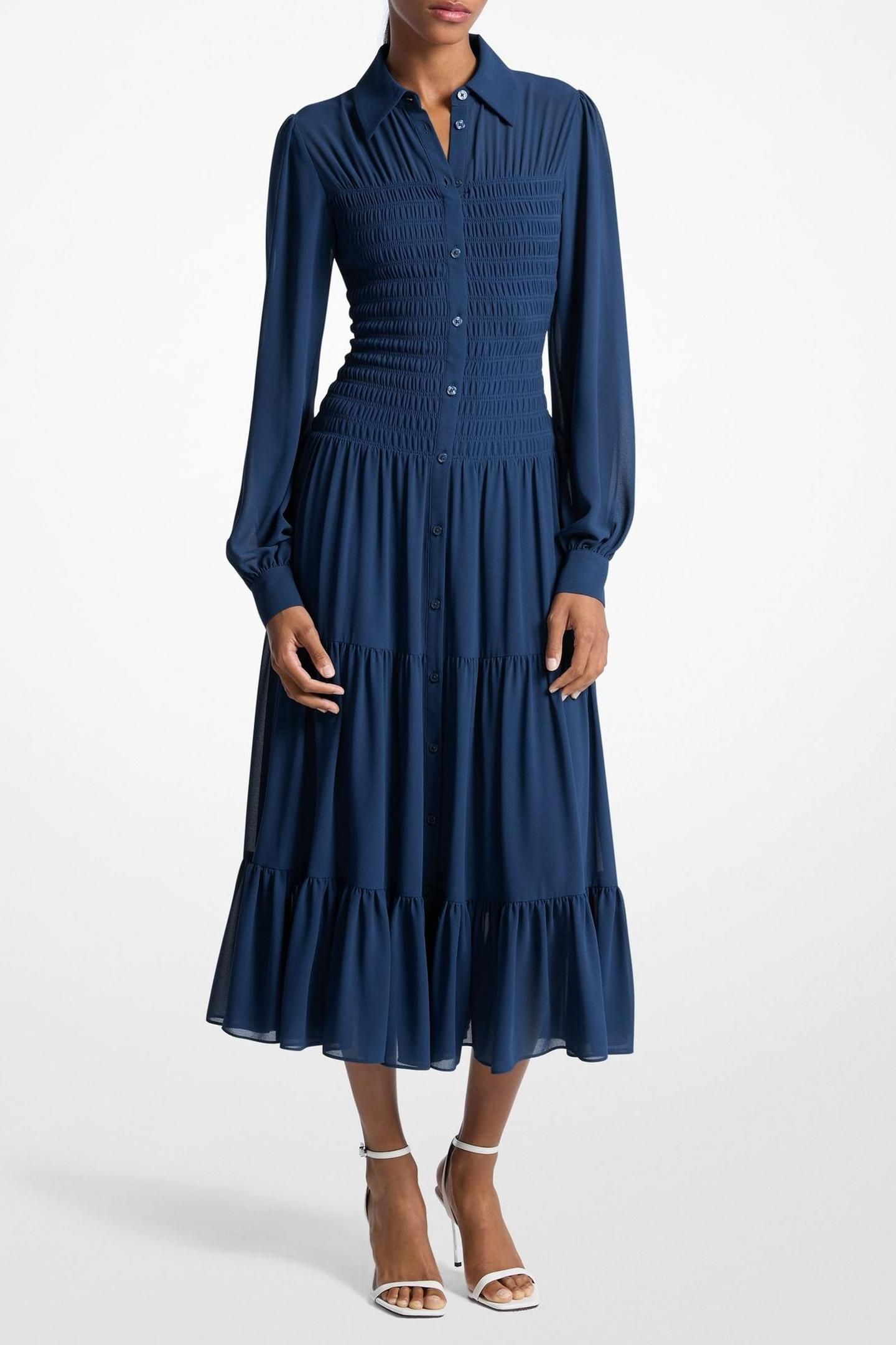 SMOCK BUTTON DOWN SHIRT DRESS MIDNIGHT BLUE 1