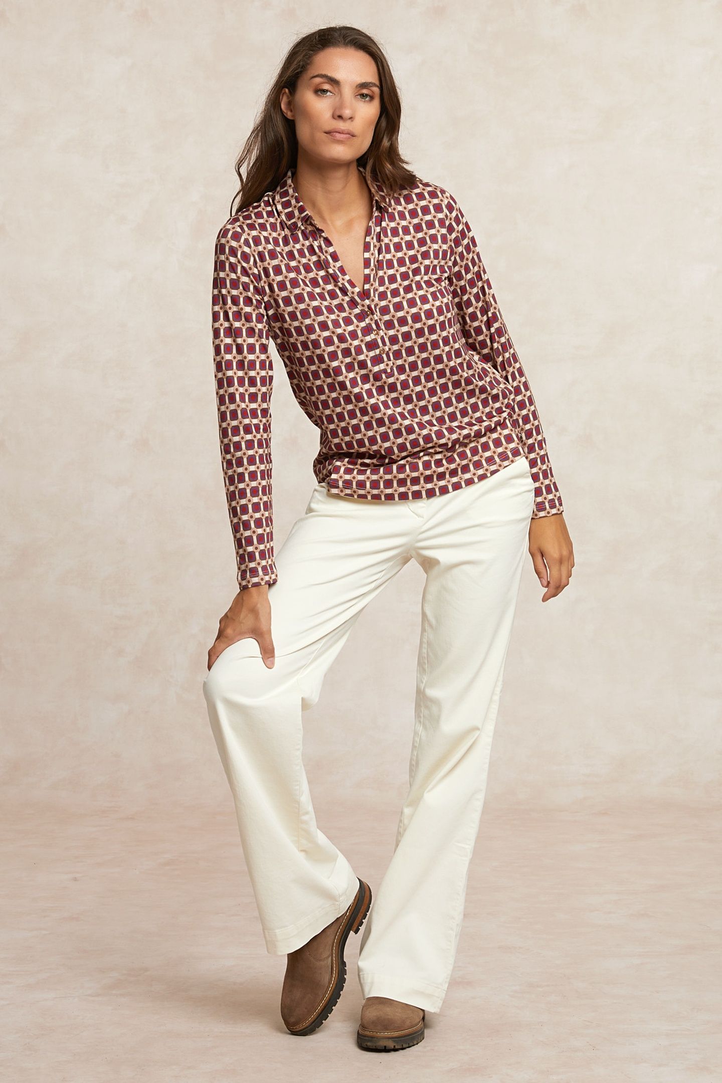JERSEY FANTASY V-NECK BLOUSE RED/BROWN 1