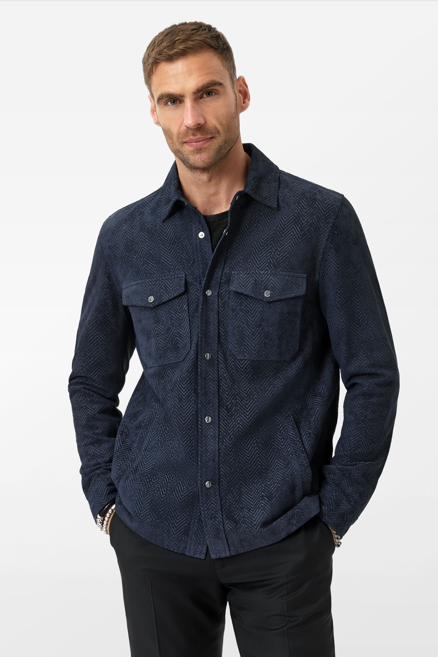 JONAH PRINTED HERRINGBONELEATHER SHIRT J NAVY 2