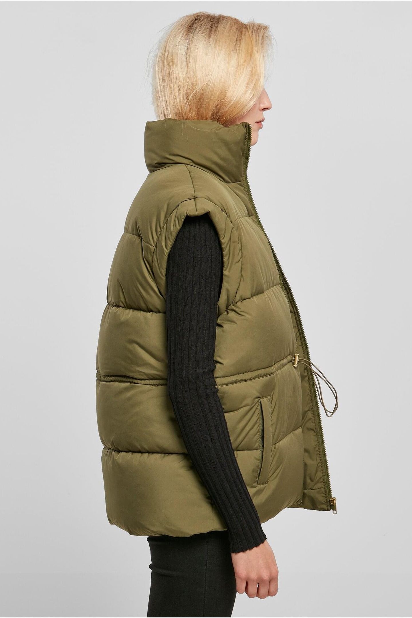 LADIES WAISTED PUFFER VEST OLIVE 3