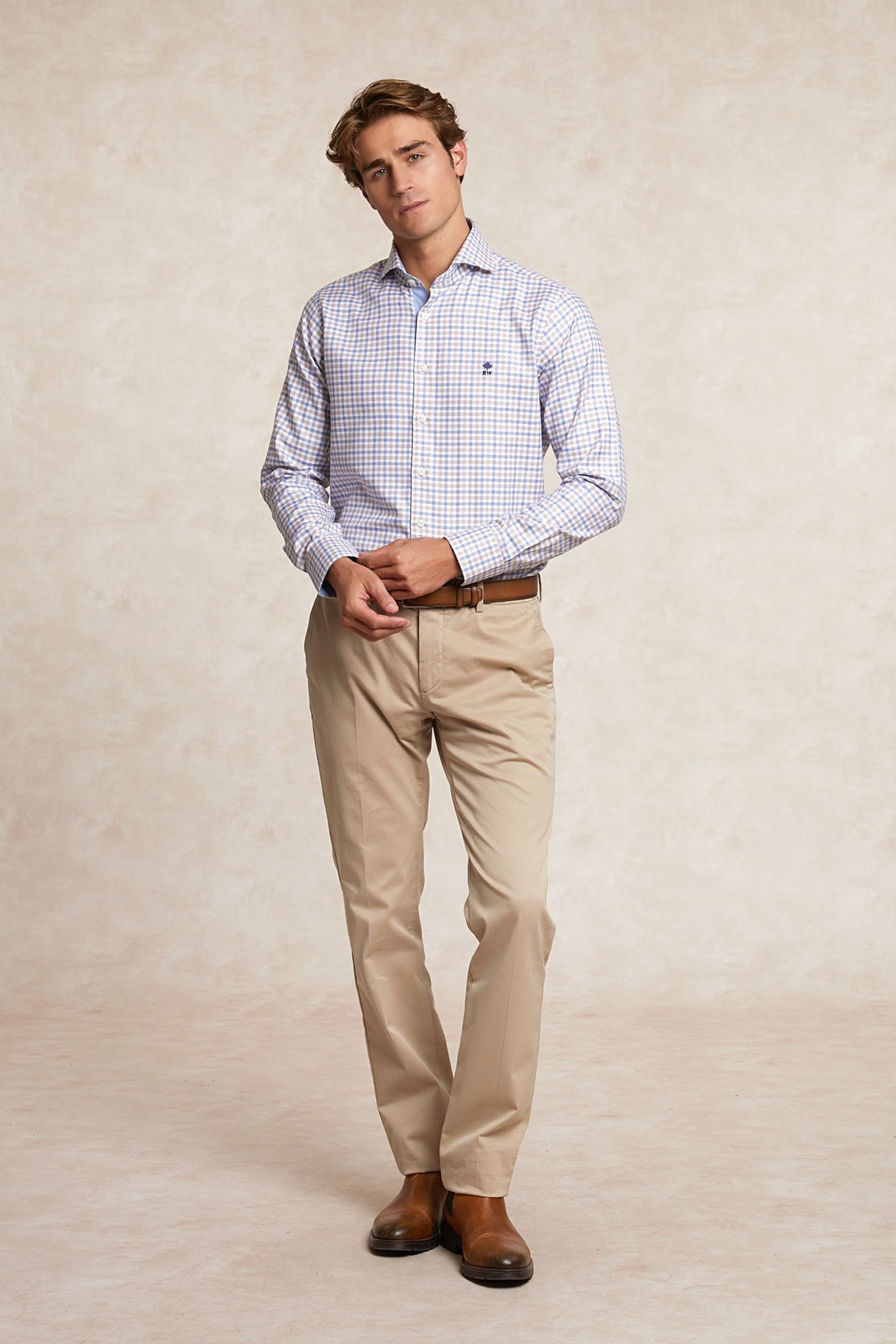 CUSTOM FIT COTTON CHECKED SHIRT BROWN/BLUE 1