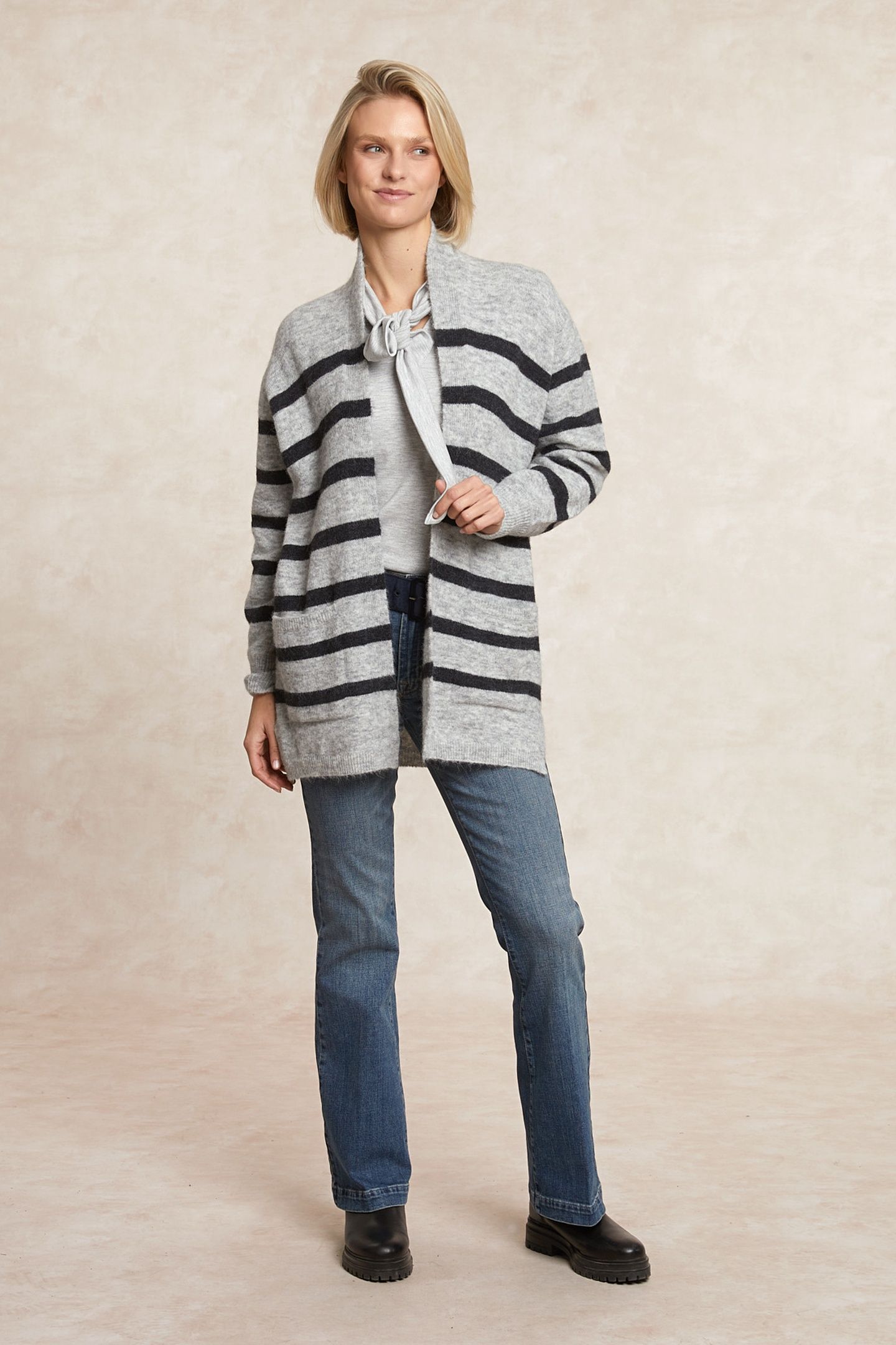 LONG STRIPED V-NECK JERSEY CARDIGAN APPLIED POCKETS BLACK/GR 3