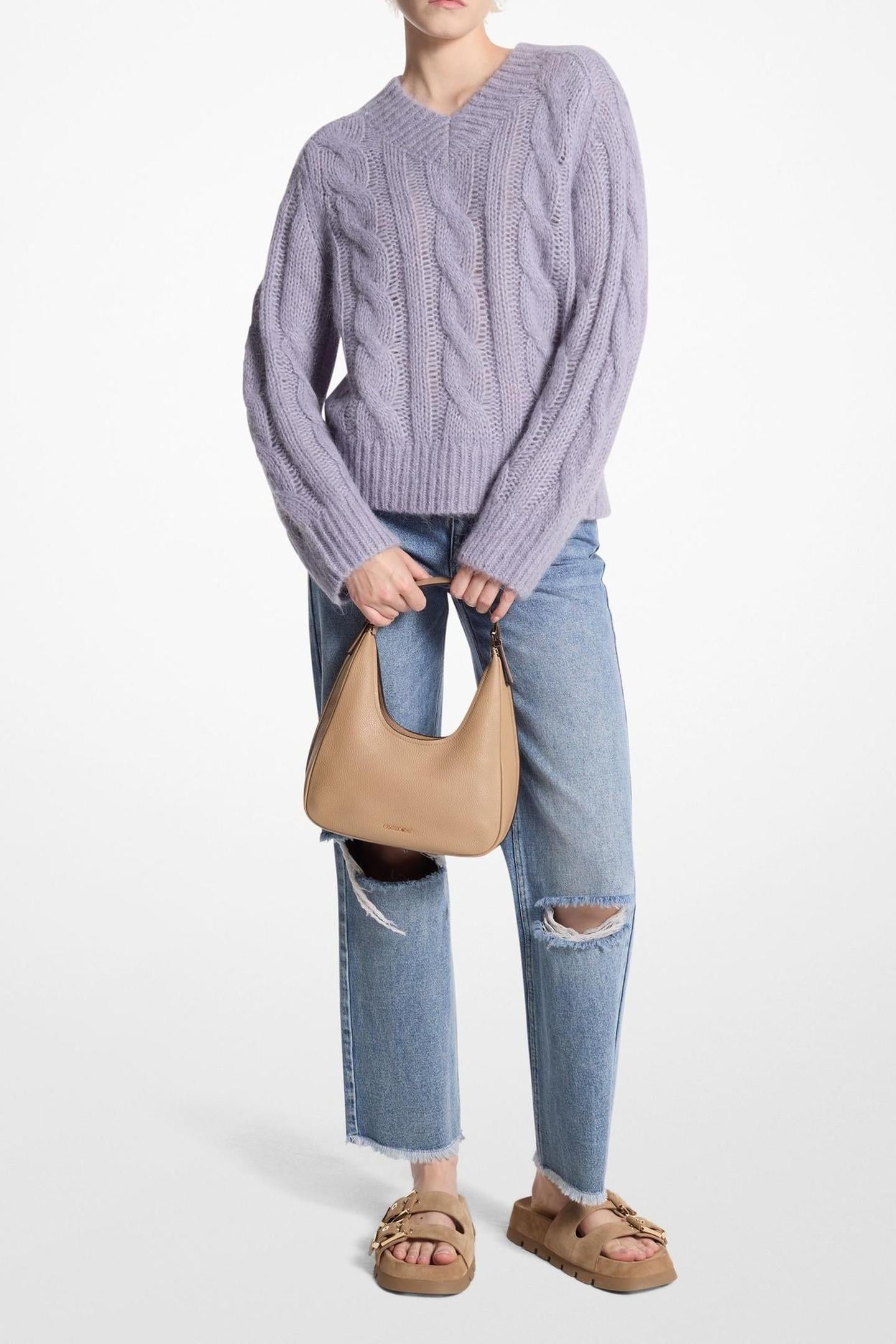 CABLE V NECK CHUNKY SWEATER SWEET LILAC 1