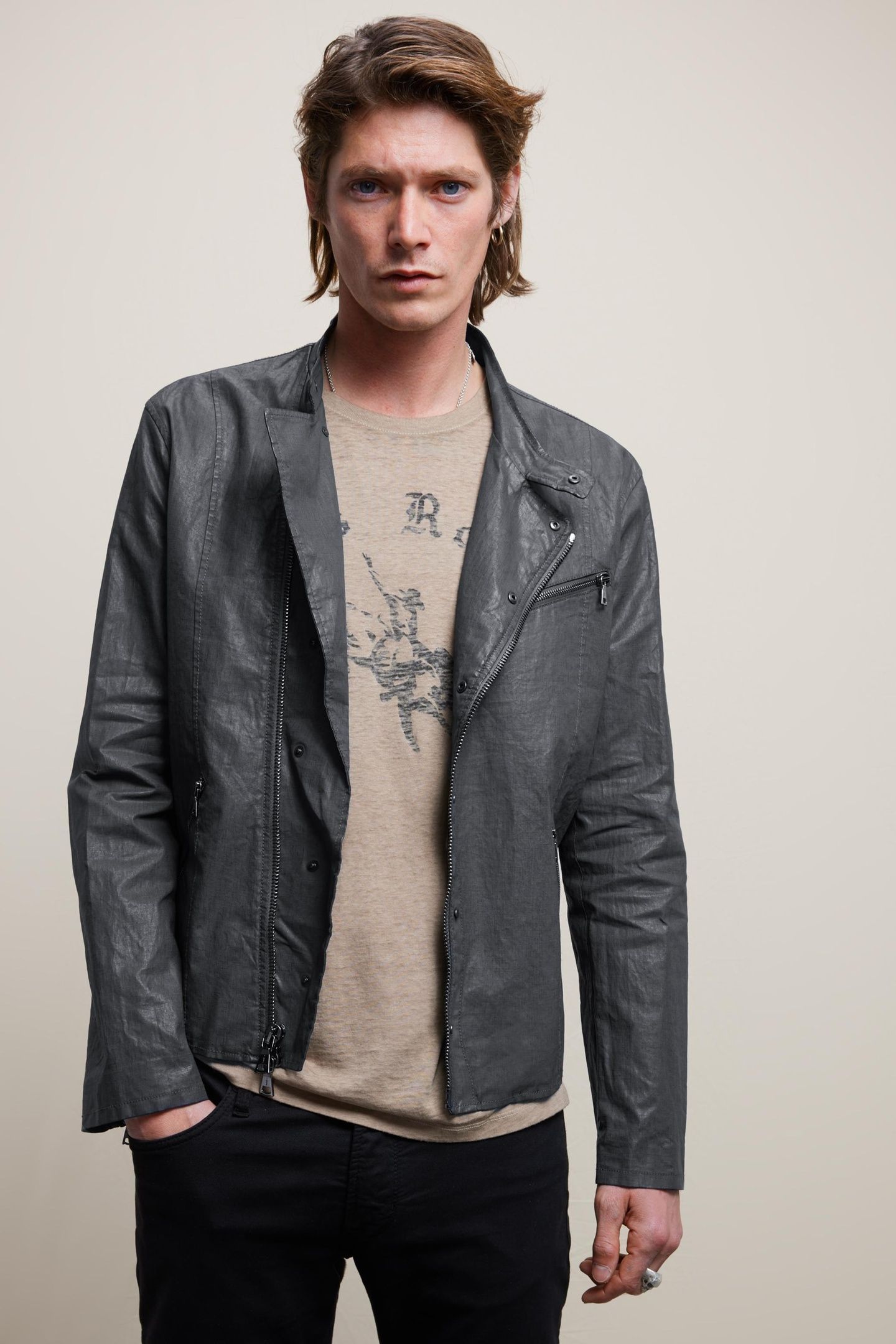 SLIM FIT ASYMMETRIC SNAP/ SEAL GREY 1