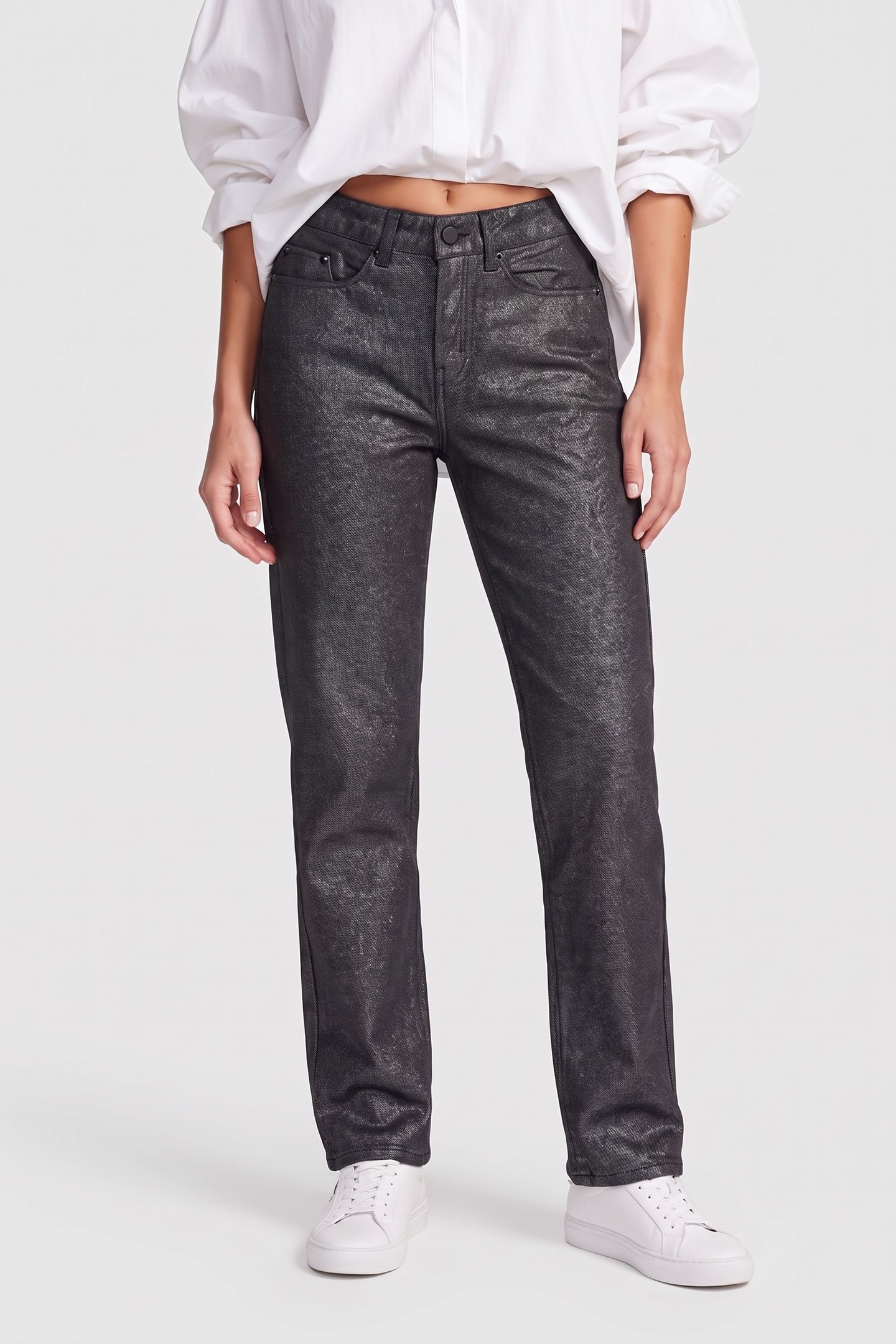 STRAIGHT GLITTER COATED DENIM GUNMETAL DENIM 1