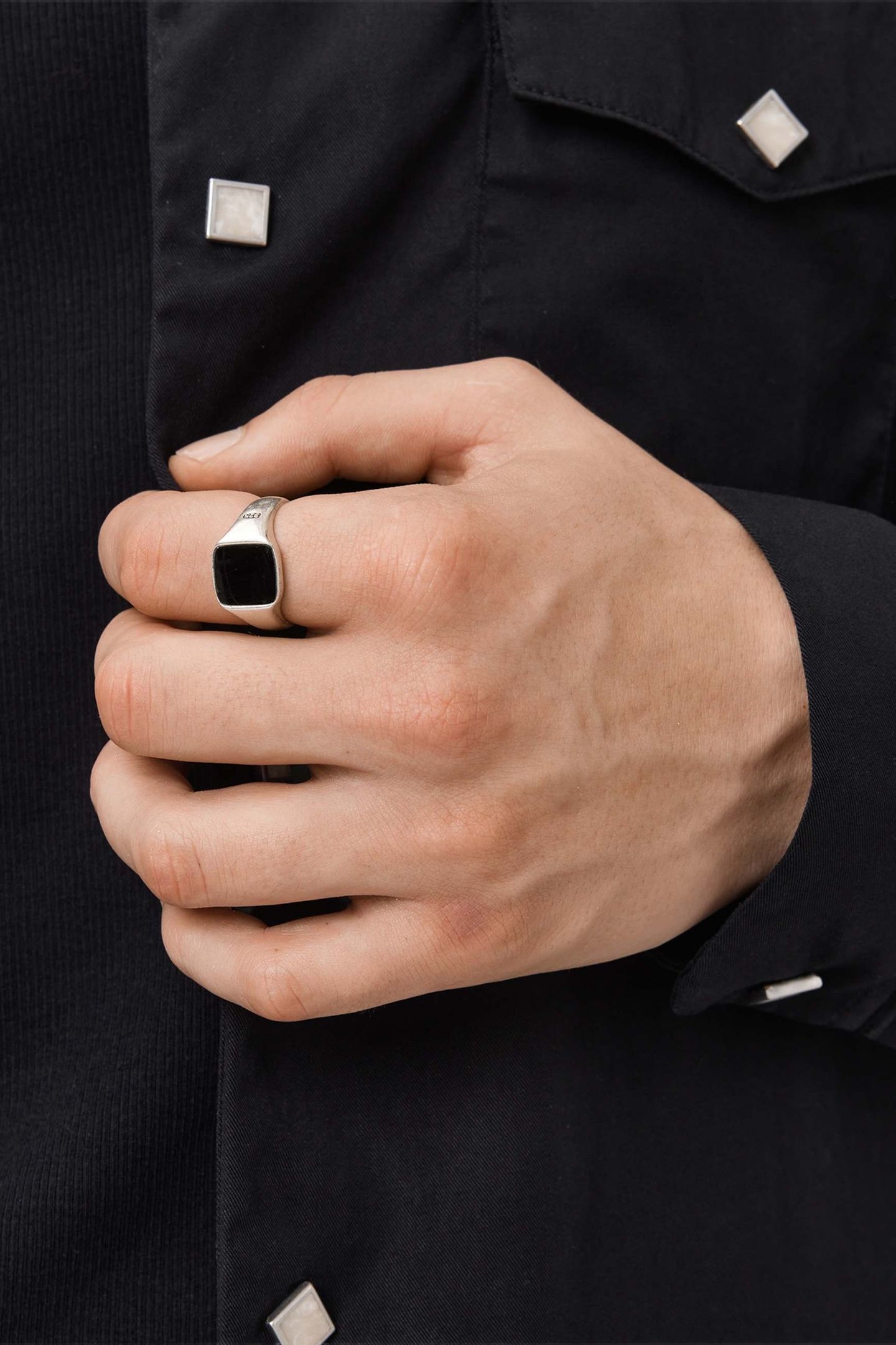 SPIKE SQ RING WARM SILVER/BLACK 3