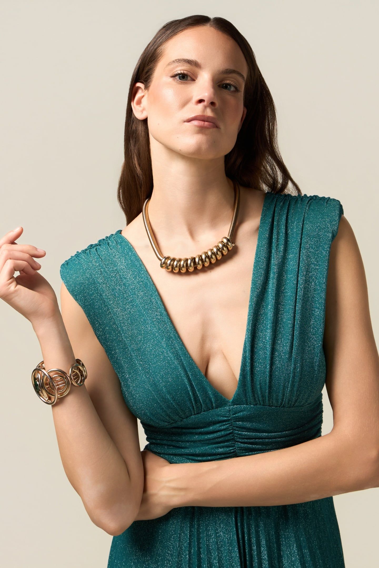 LONG PLEATED DRESS IN LUREX JERSEY TEAL 4