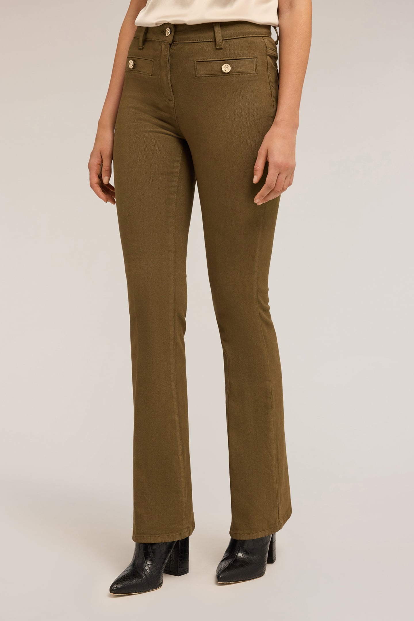 COTTON DRILL FLARE PANTS MILITARY GREEN 1