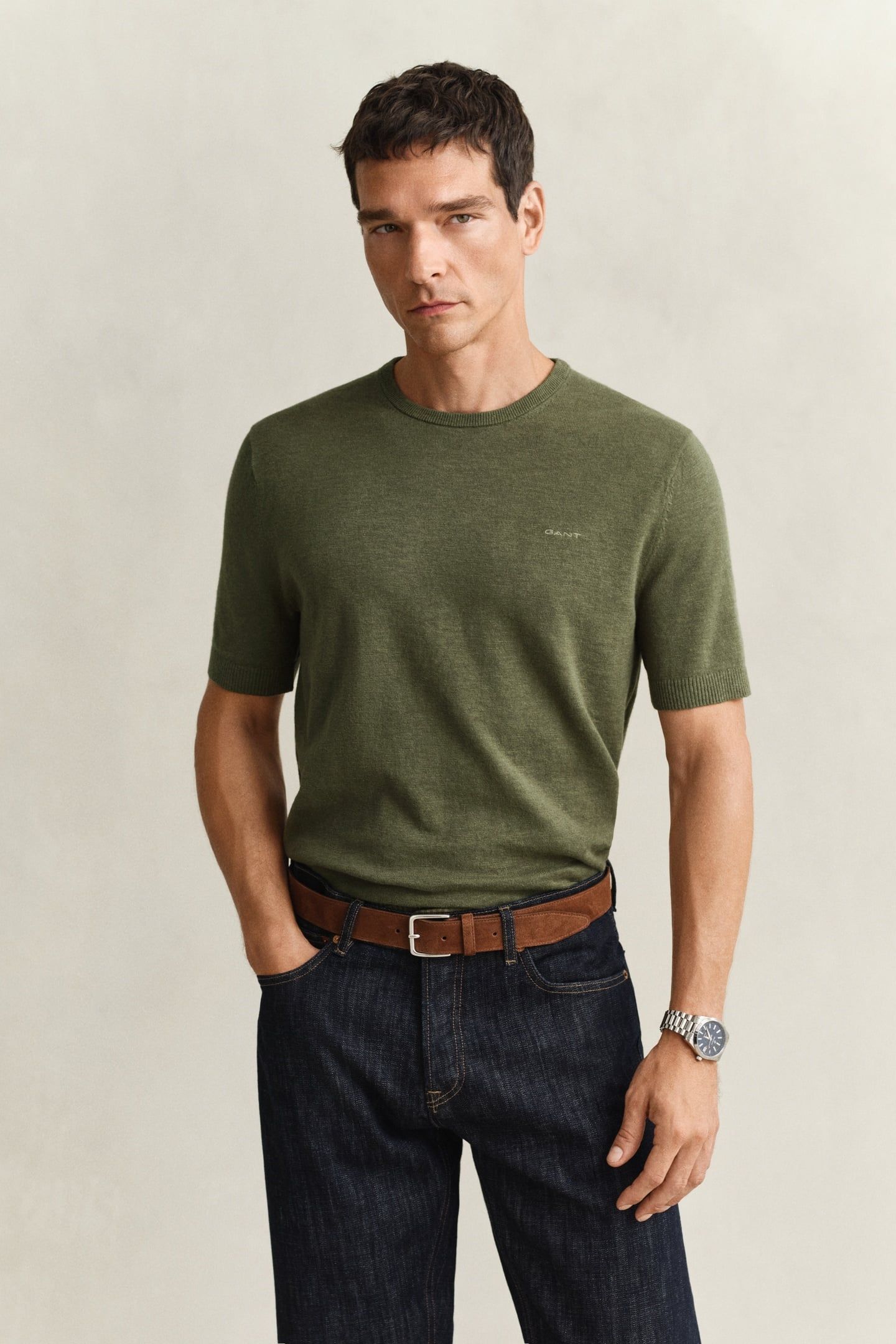 SLUB COTTON LINEN SS C-NECK DRY HERB GREEN 1