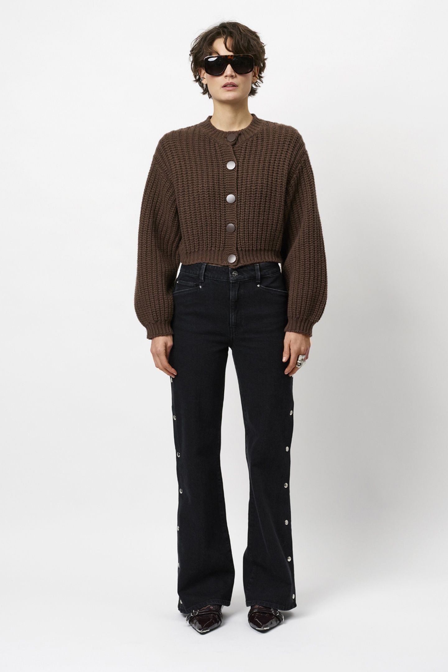 BELVINA BUTTON UP WIDE LEG JEANS WASHED BLACK 1