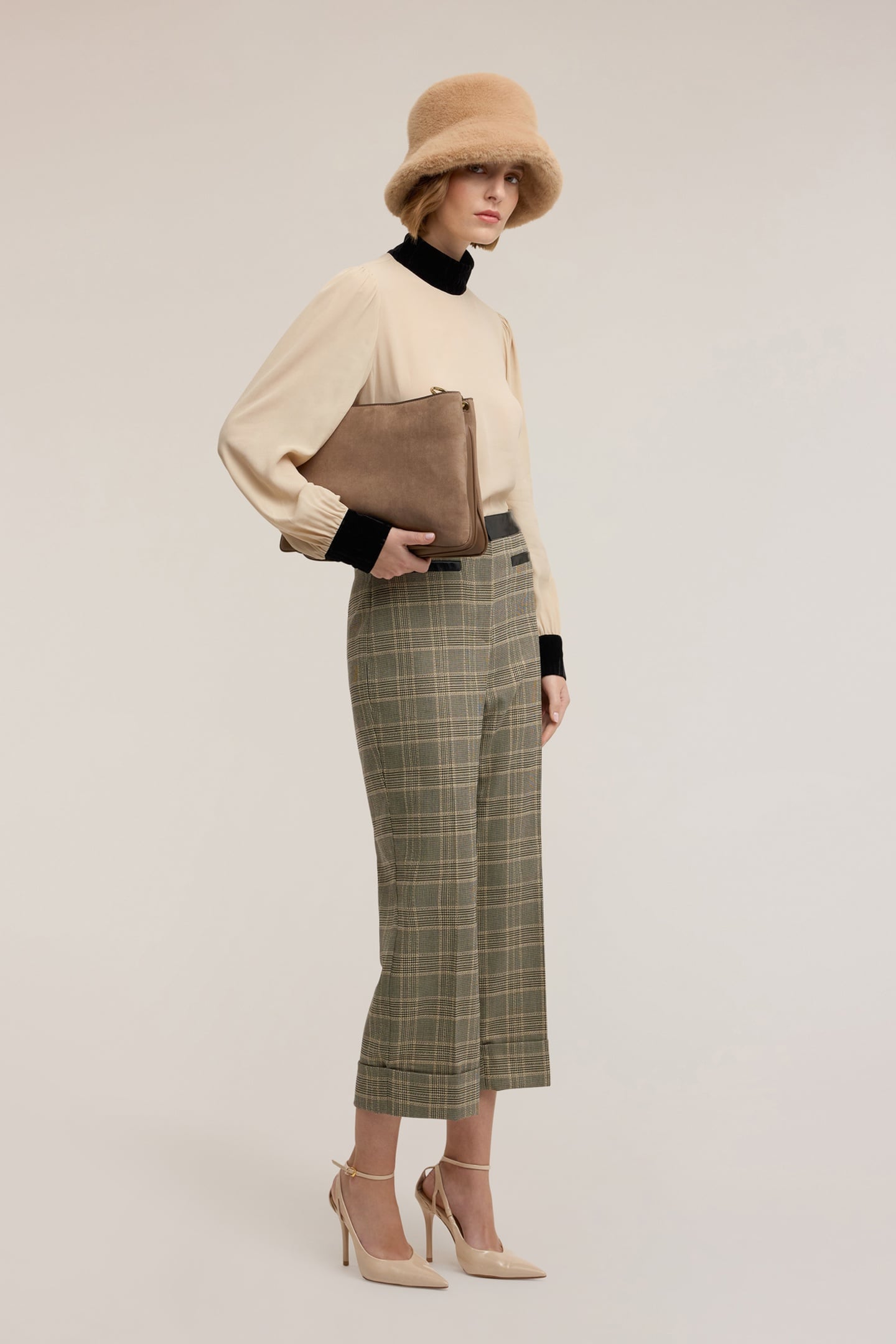 CROPPED YARN-DYED CHECK PATTERN TROUSERS BEIGE 2