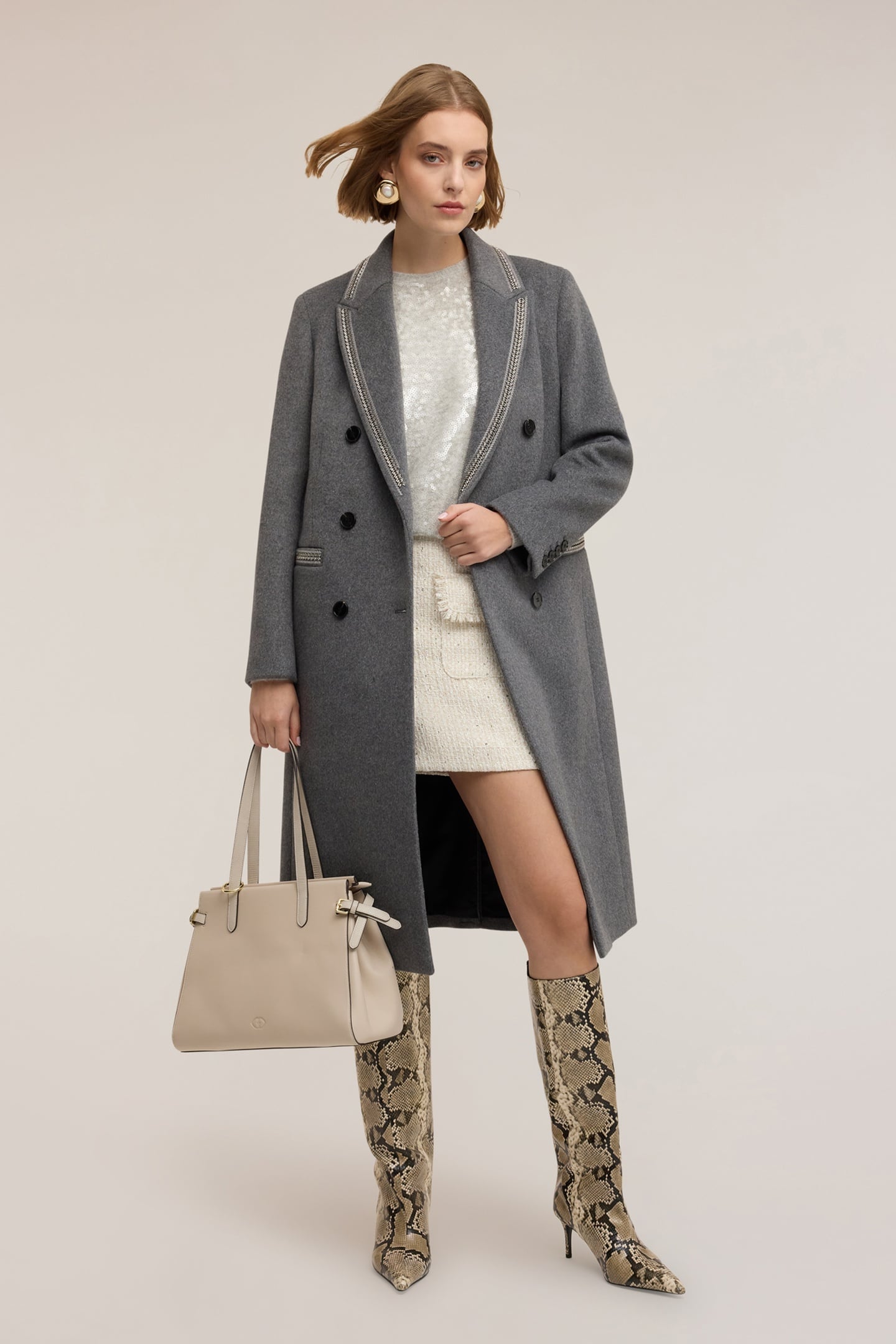 DOUBLE-BREASTED COAT IN WOOL BLEND WITH DECORATIONS GREY 1