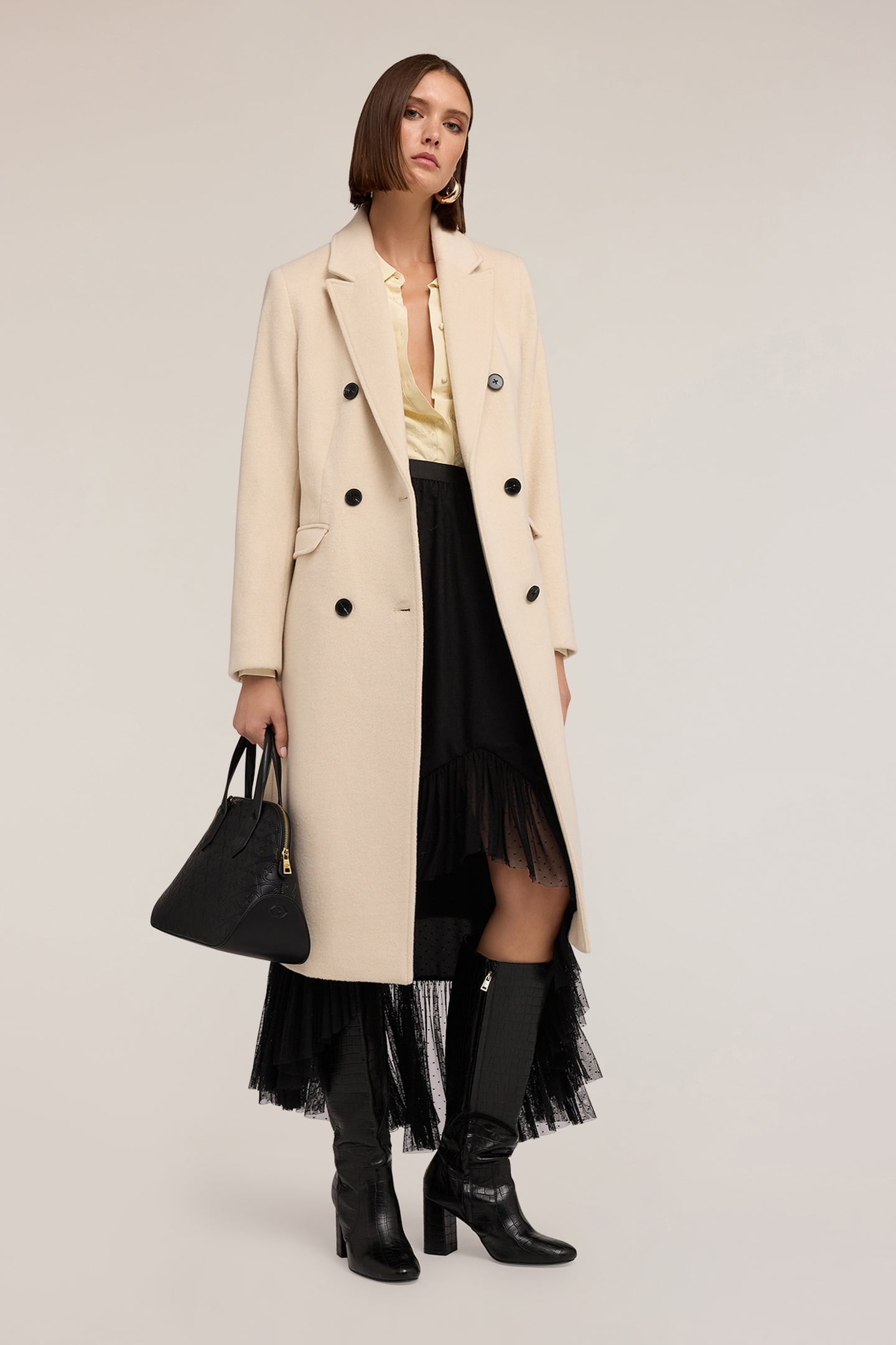 DOUBLE-BREASTED COAT IN WOOL BLEND DRAP BEIGE 1